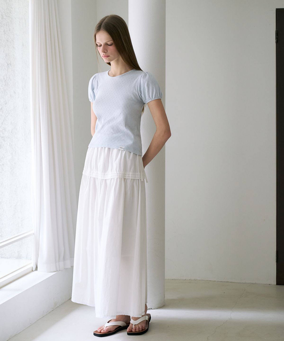 드헤베(DEHEVE) Label Point Puff T-shirt [Sky Blue]