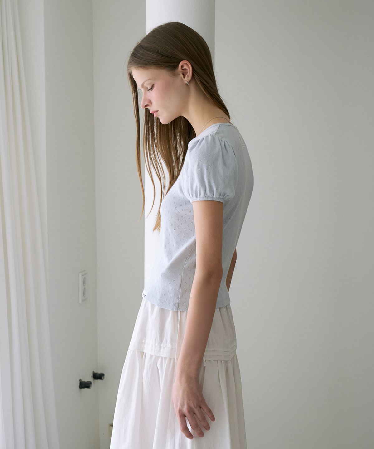드헤베(DEHEVE) Label Point Puff T-shirt [Sky Blue]