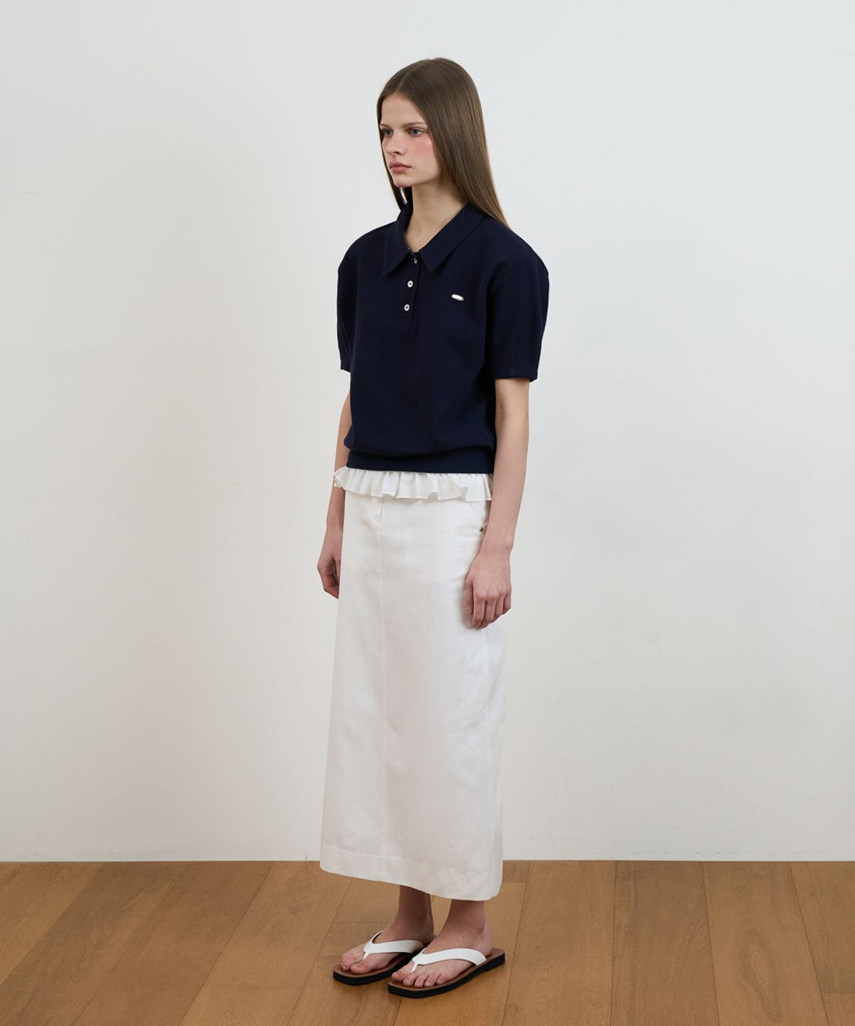 드헤베(DEHEVE) Frill Layered Collar T-Shirt [Navy]