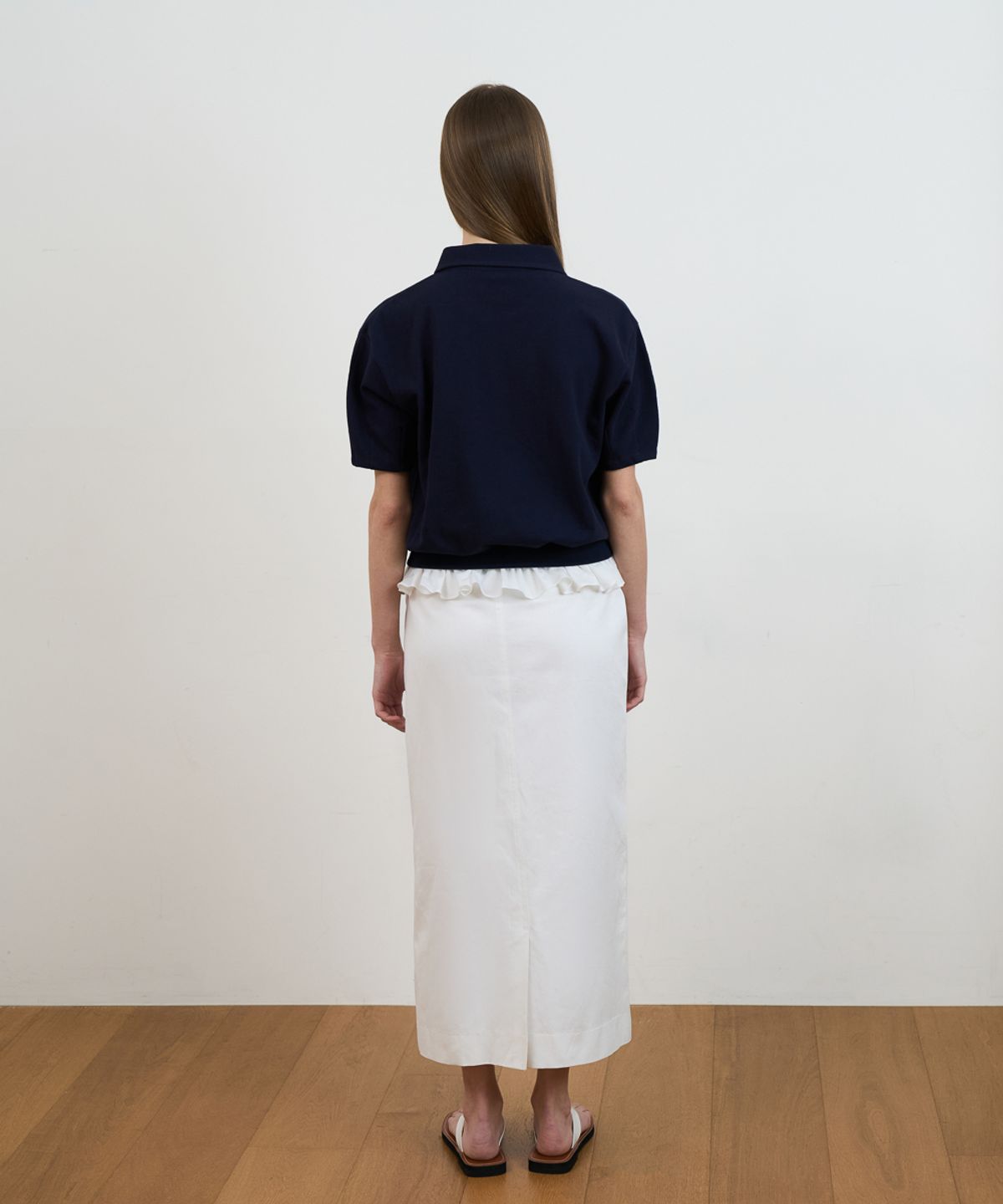 드헤베(DEHEVE) Frill Layered Collar T-Shirt [Navy]