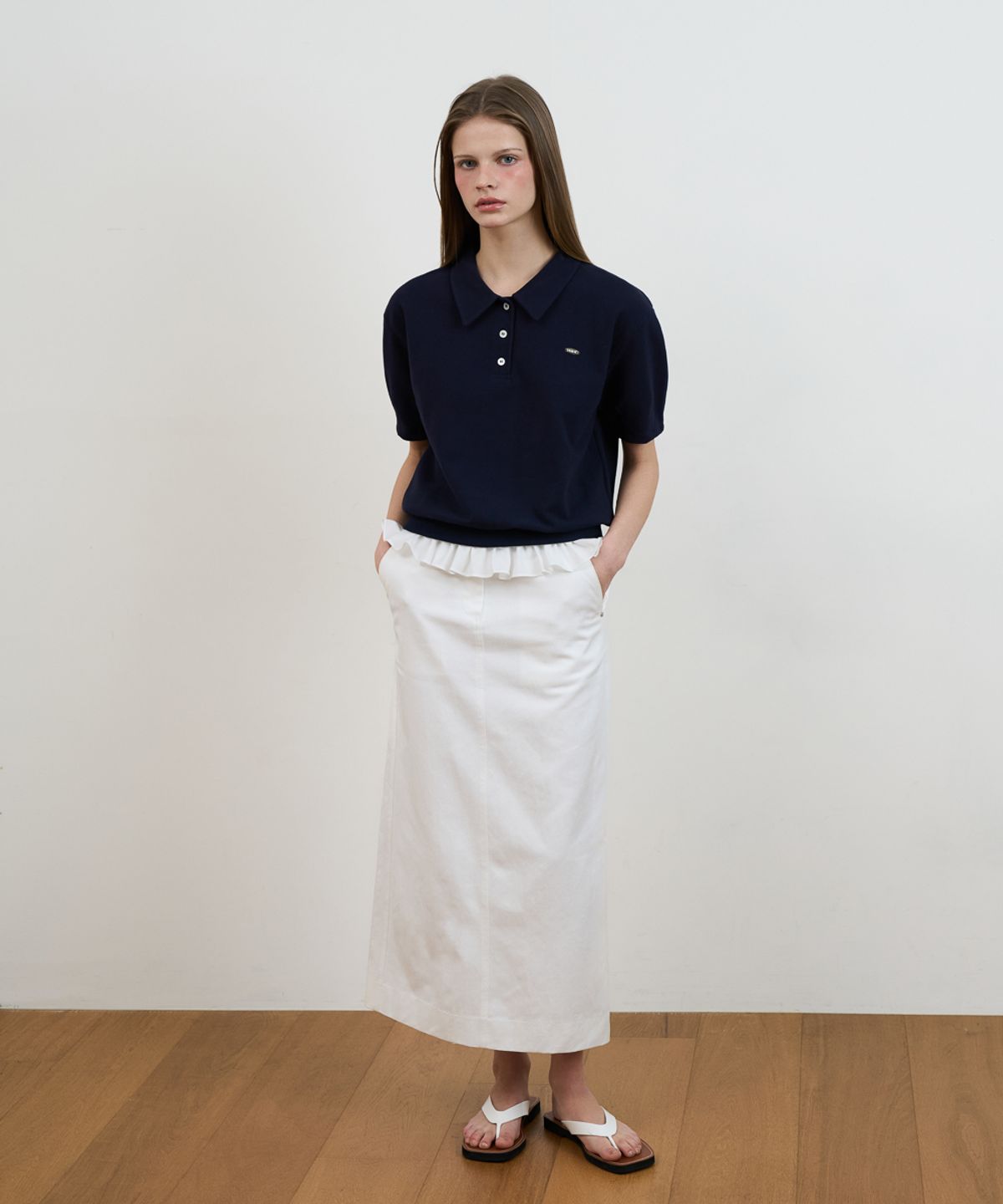 드헤베(DEHEVE) Frill Layered Collar T-Shirt [Navy]