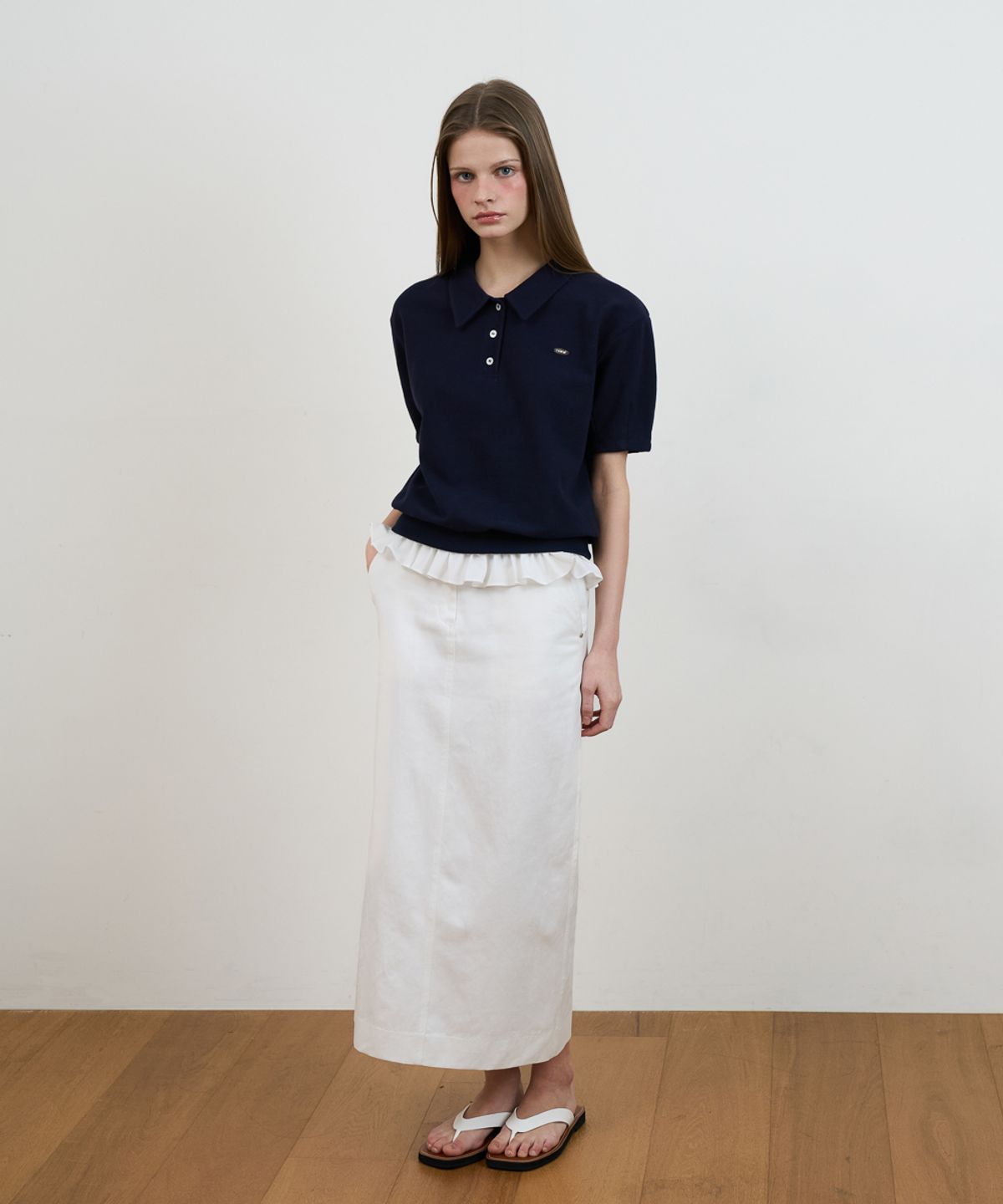 드헤베(DEHEVE) Frill Layered Collar T-Shirt [Navy]