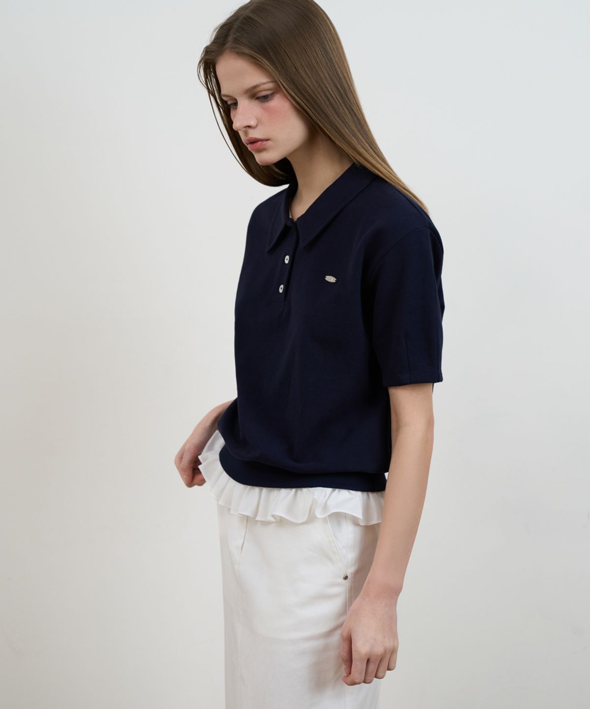 드헤베(DEHEVE) Frill Layered Collar T-Shirt [Navy]