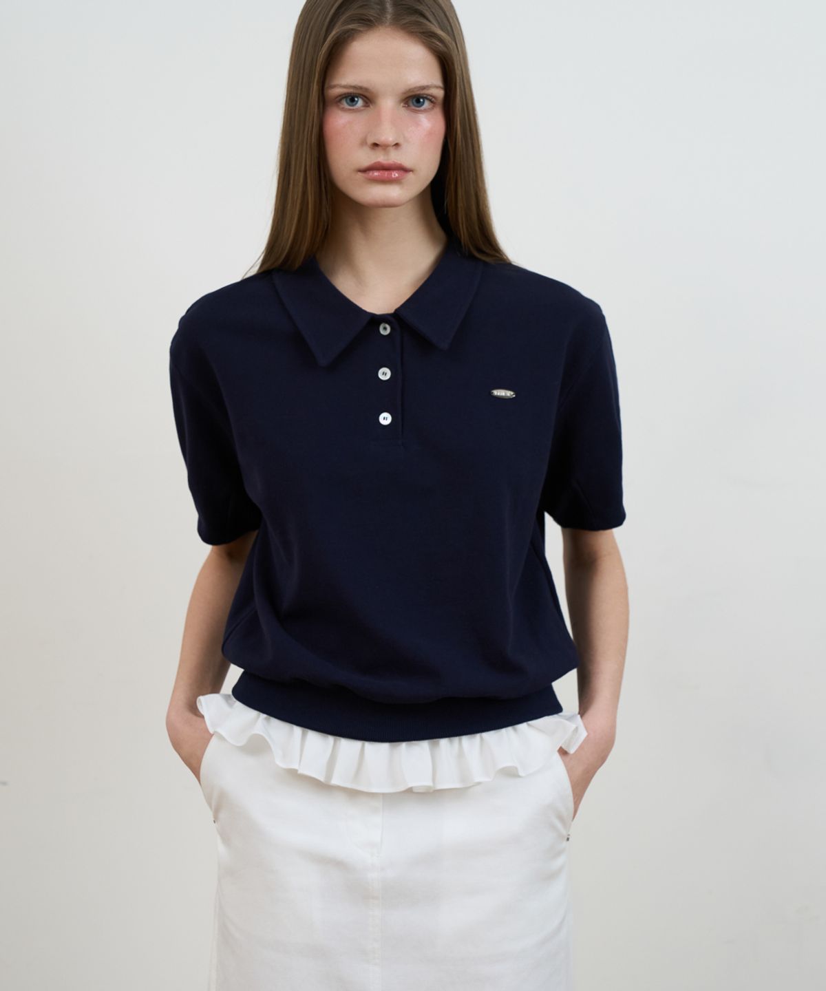 드헤베(DEHEVE) Frill Layered Collar T-Shirt [Navy]