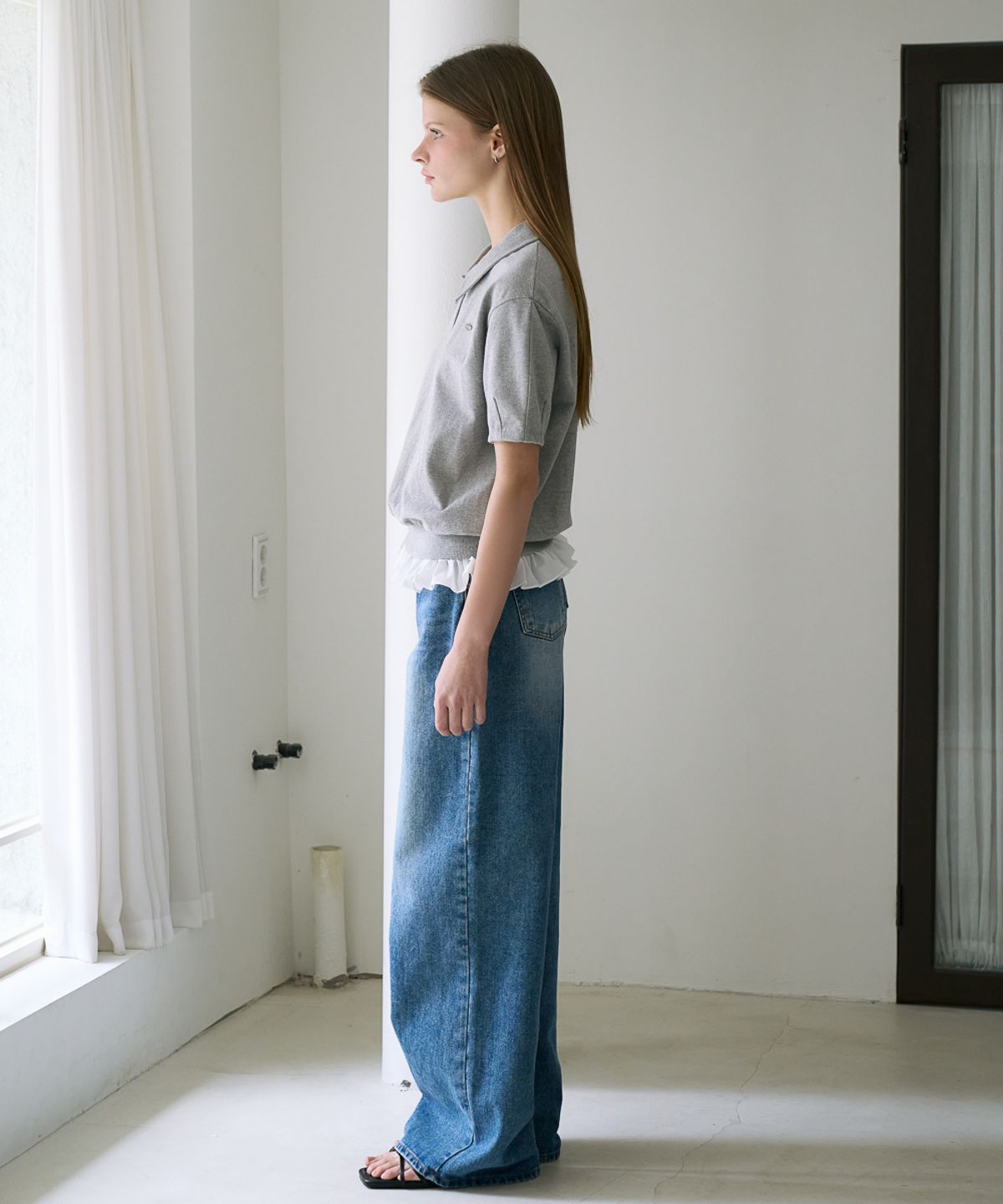 드헤베(DEHEVE) Frill Layered Collar T-Shirt [Gray]