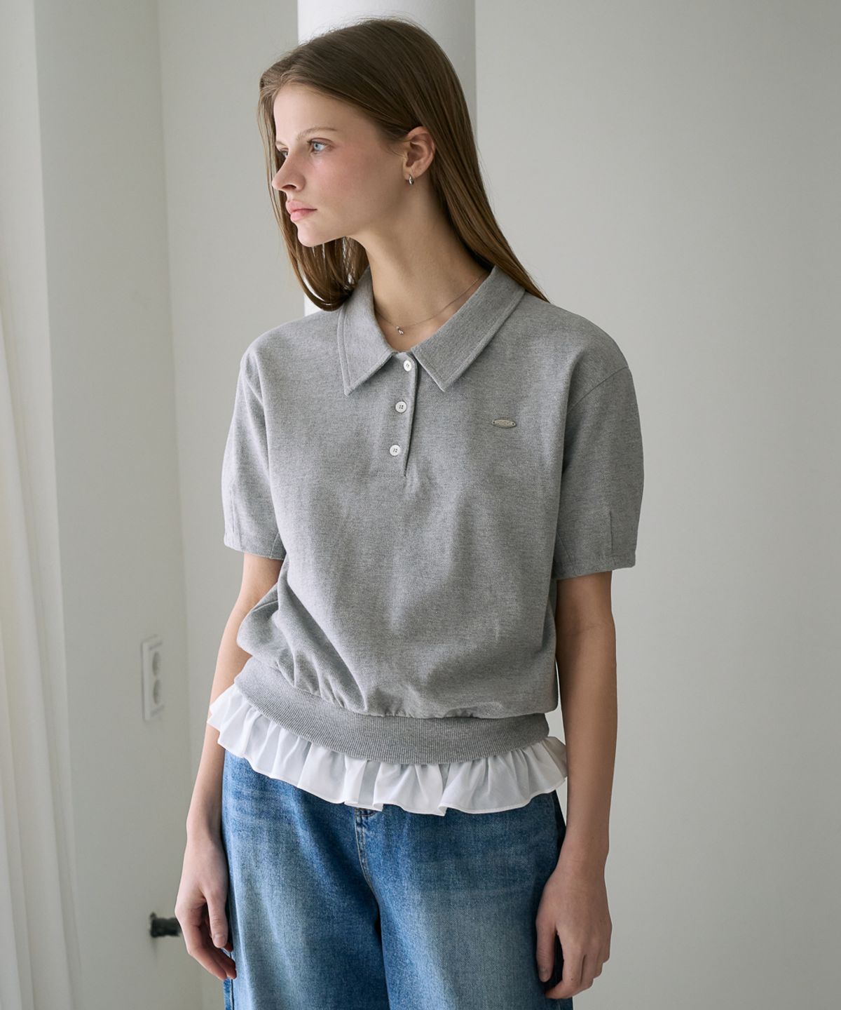 드헤베(DEHEVE) Frill Layered Collar T-Shirt [Gray]
