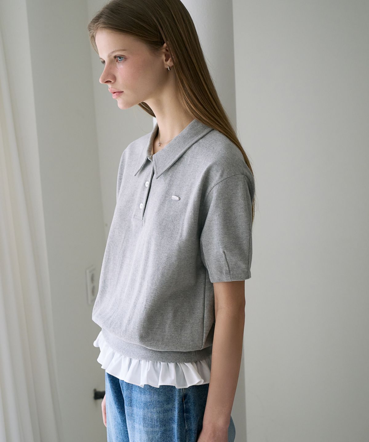 드헤베(DEHEVE) Frill Layered Collar T-Shirt [Gray]