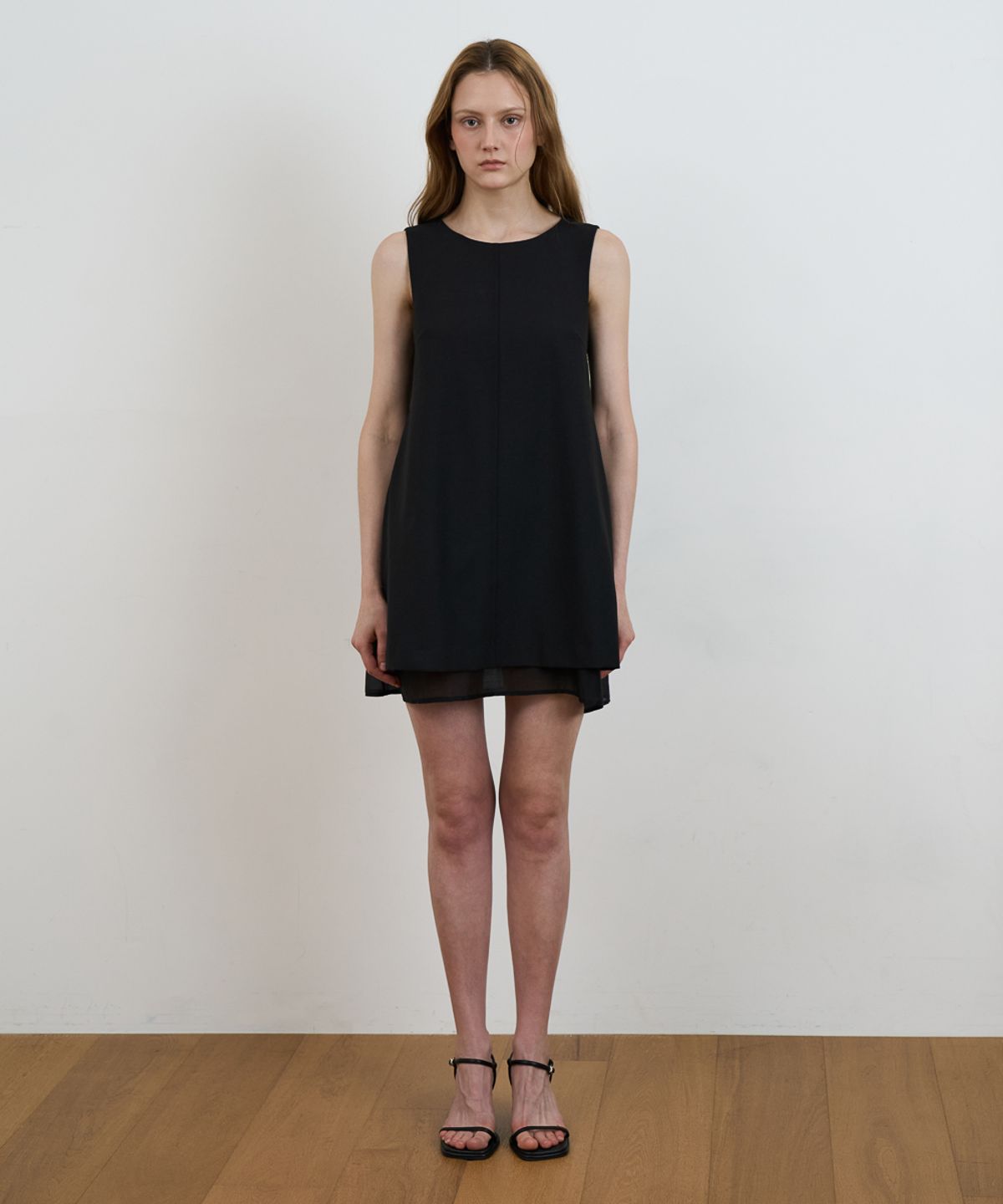 드헤베(DEHEVE) Layered Chiffon Mini Dress [Black]
