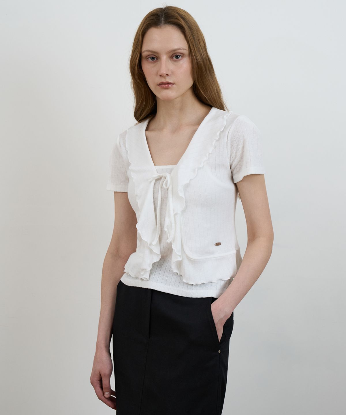 드헤베(DEHEVE) Frill Ribbon Cardigan Set [Ivory]