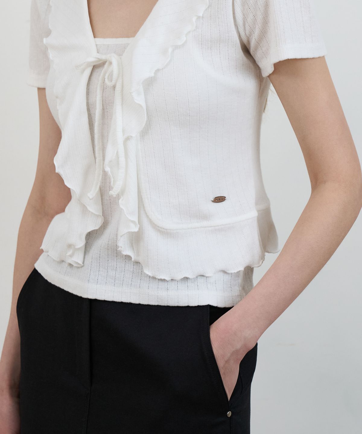 드헤베(DEHEVE) Frill Ribbon Cardigan Set [Ivory]