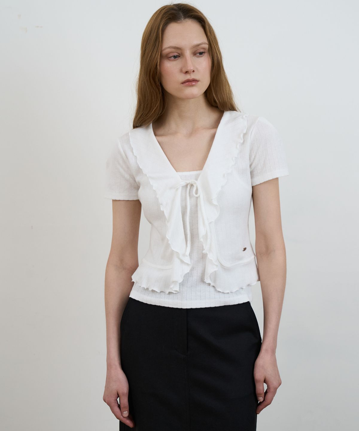 드헤베(DEHEVE) Frill Ribbon Cardigan Set [Ivory]