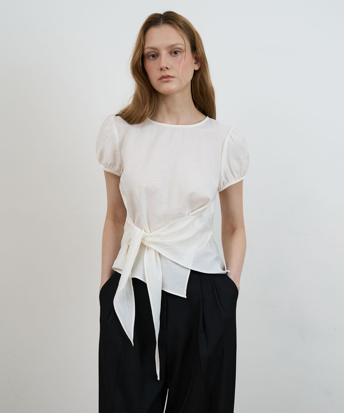 드헤베(DEHEVE) Wrap Drape Blouse [Ivory]