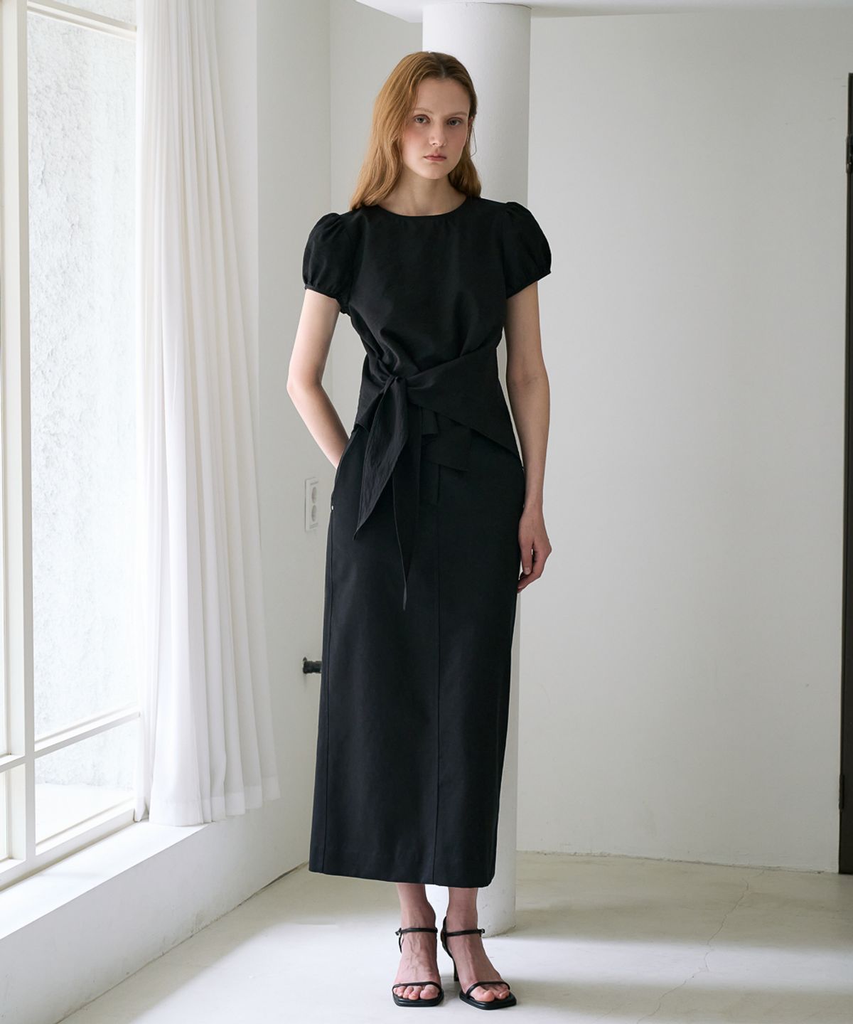 드헤베(DEHEVE) Wrap Drape Blouse [Black]