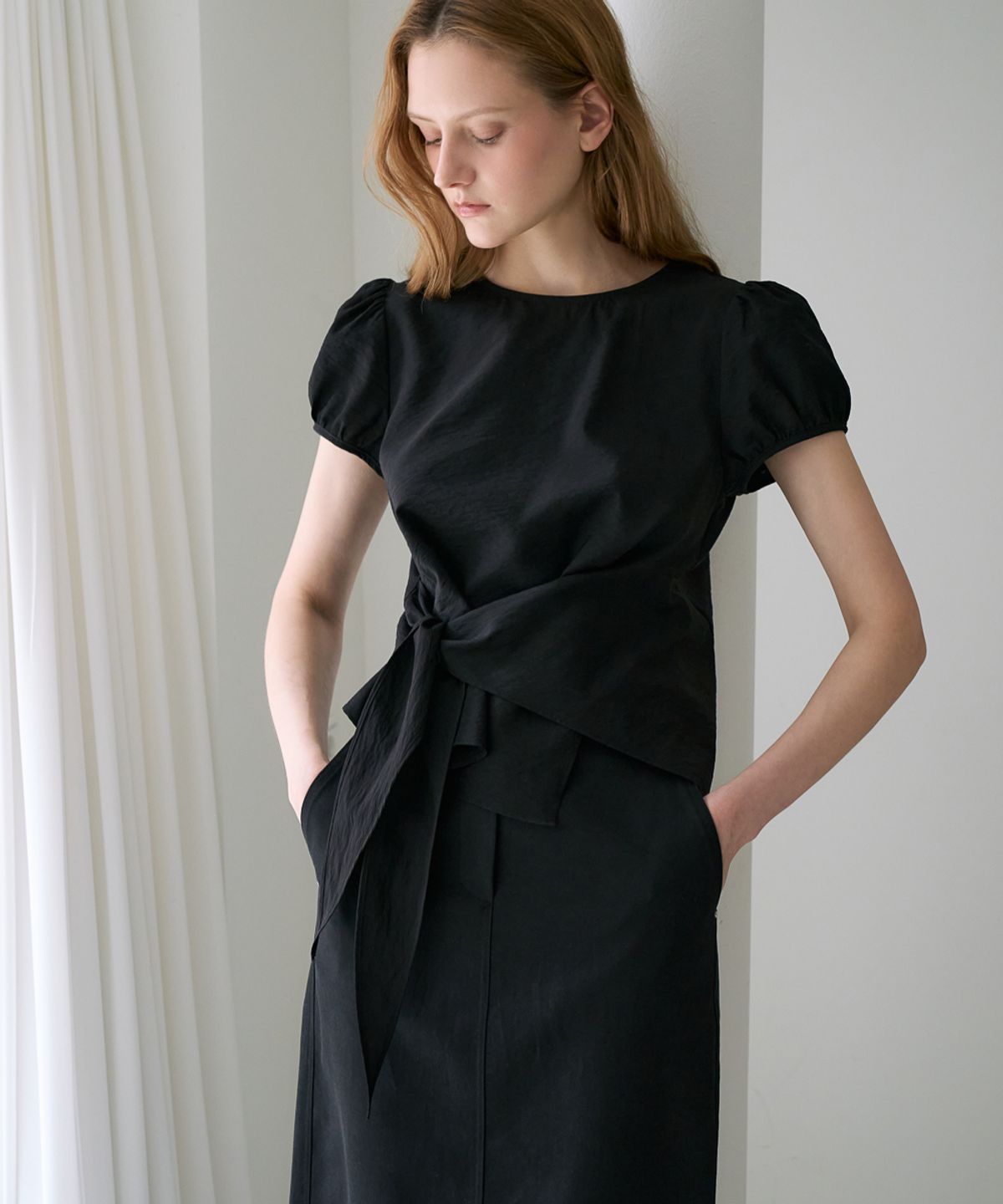 드헤베(DEHEVE) Wrap Drape Blouse [Black]
