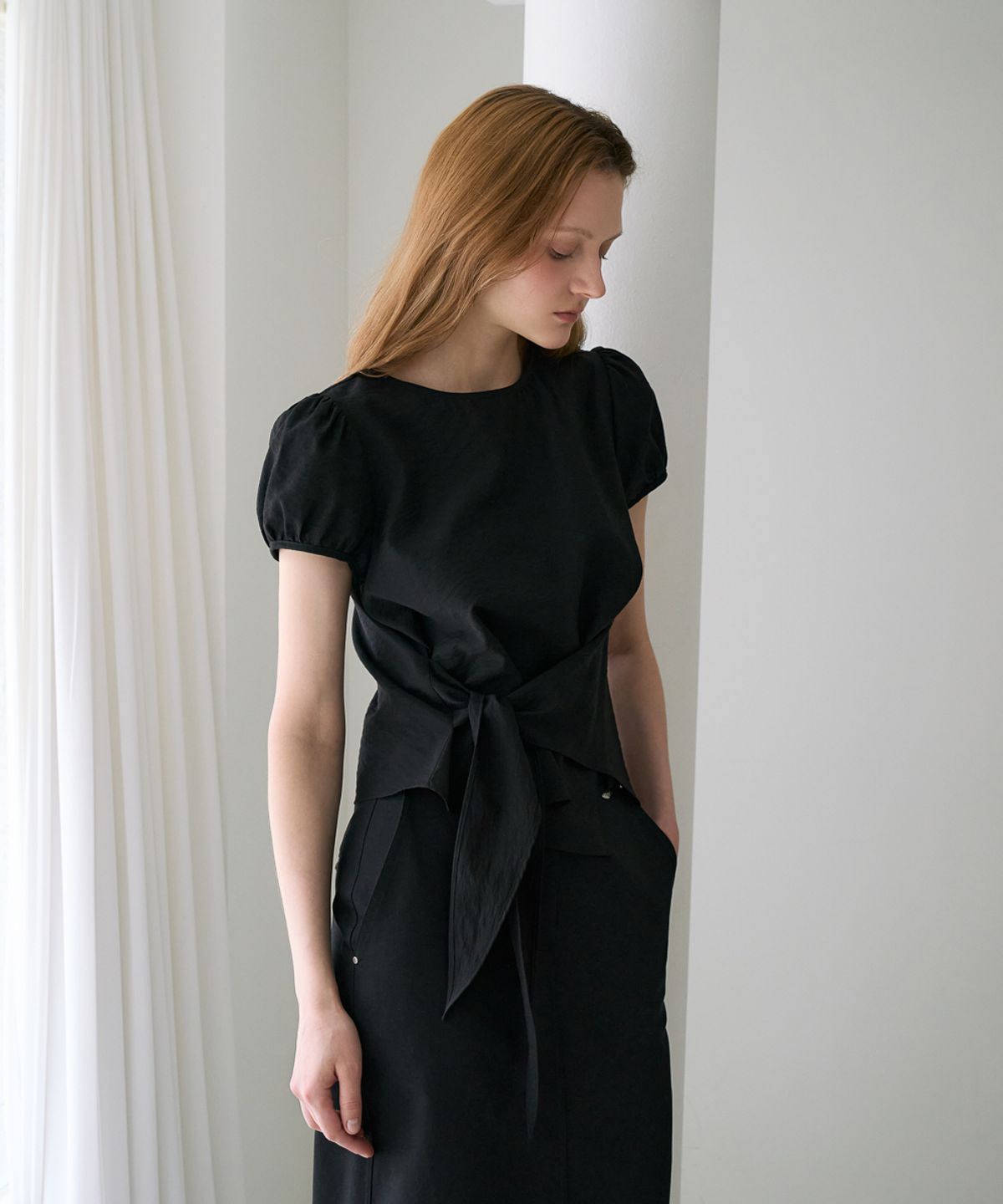 드헤베(DEHEVE) Wrap Drape Blouse [Black]
