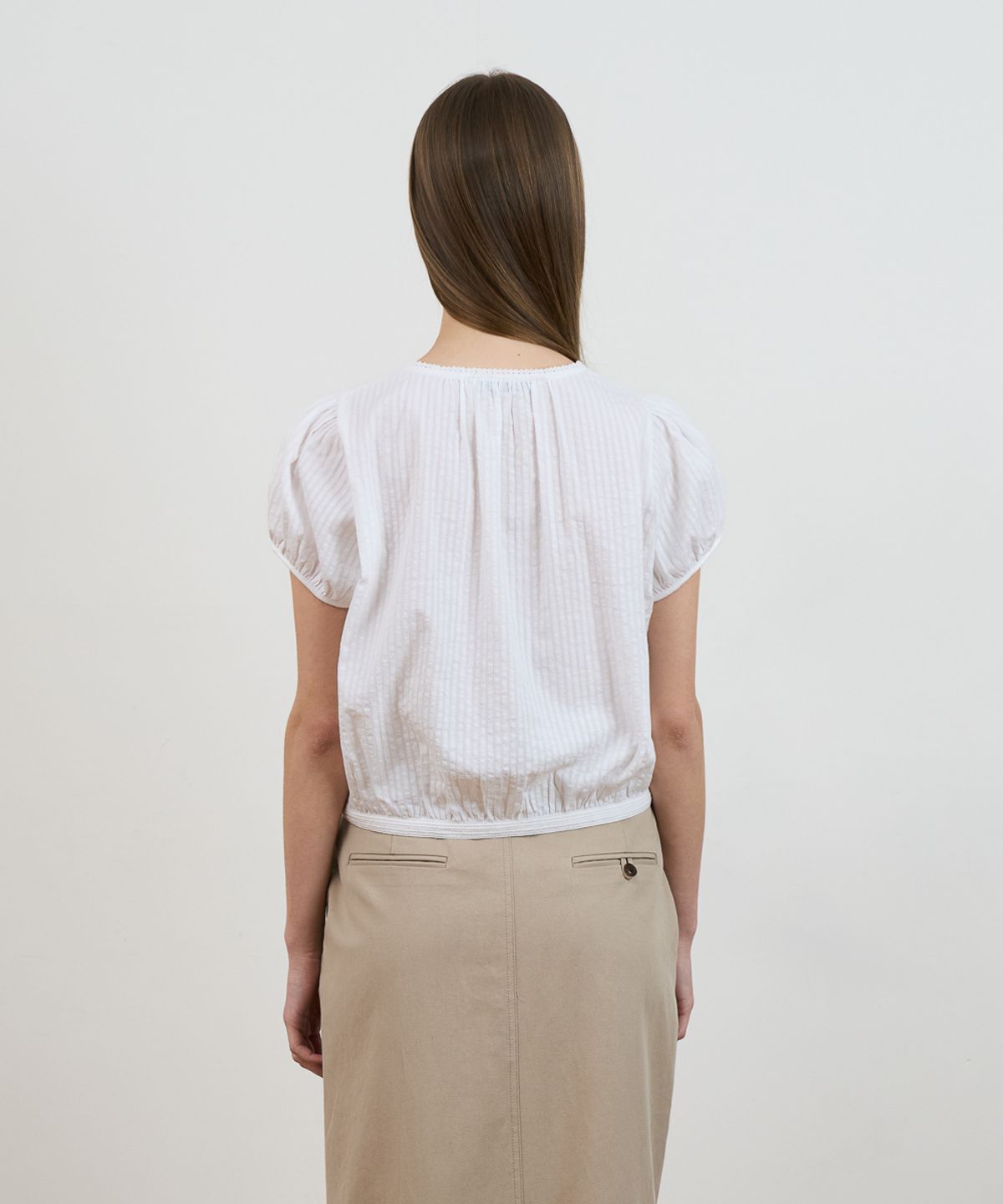 드헤베(DEHEVE) Puff Sleeve Ribbon Blouse [Ivory]