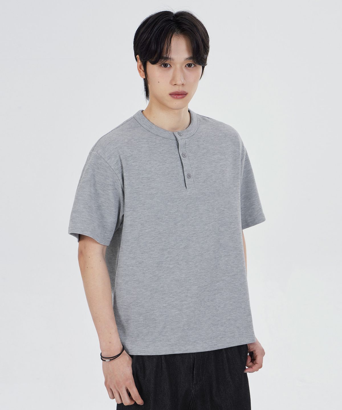 굿라이프웍스(GLW) [unisex] 버튼 헨리넥 반팔 티셔츠 그레이