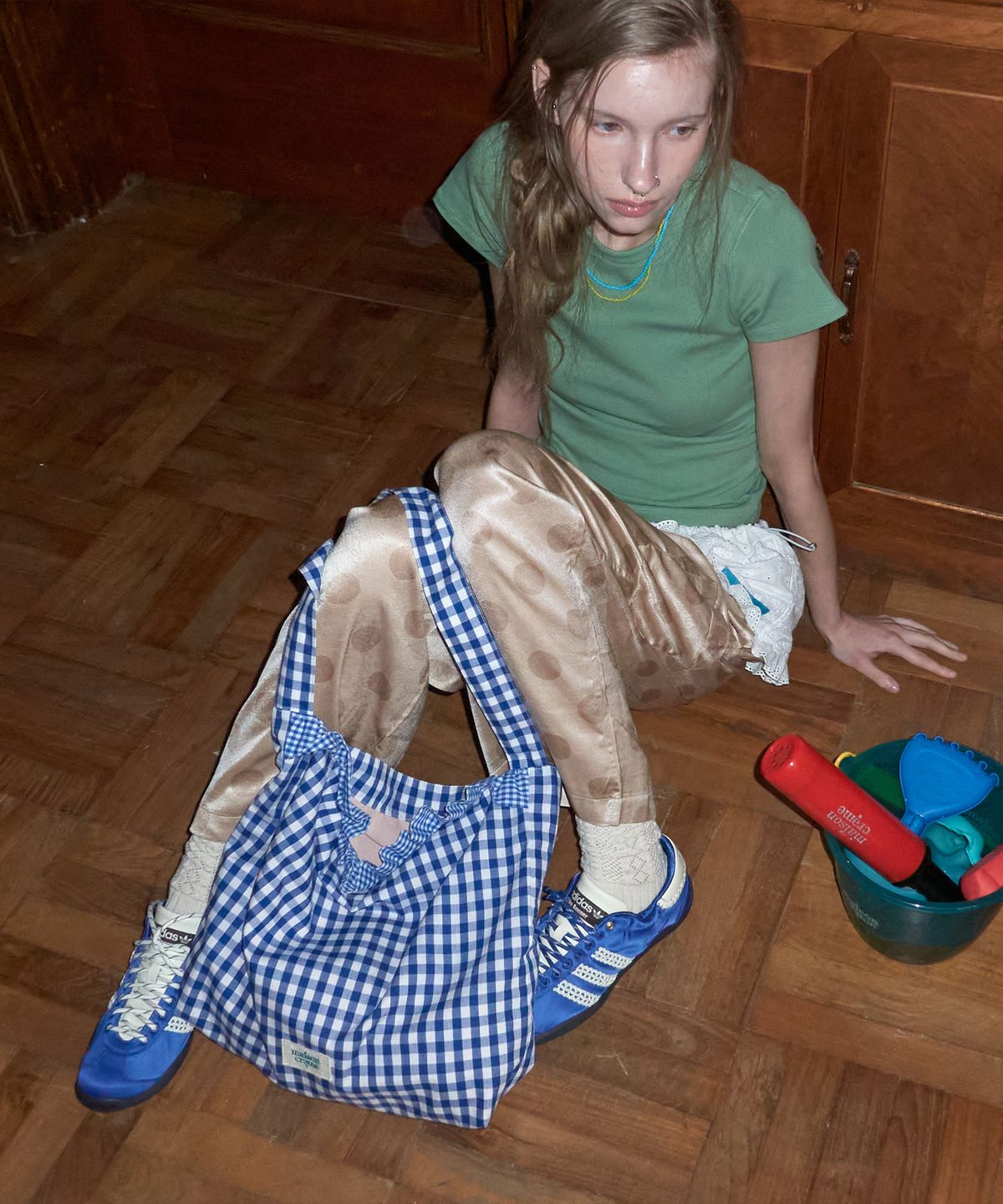 메종크렘(MAISON CREME) Check frill reversible bag _ Gingham blue