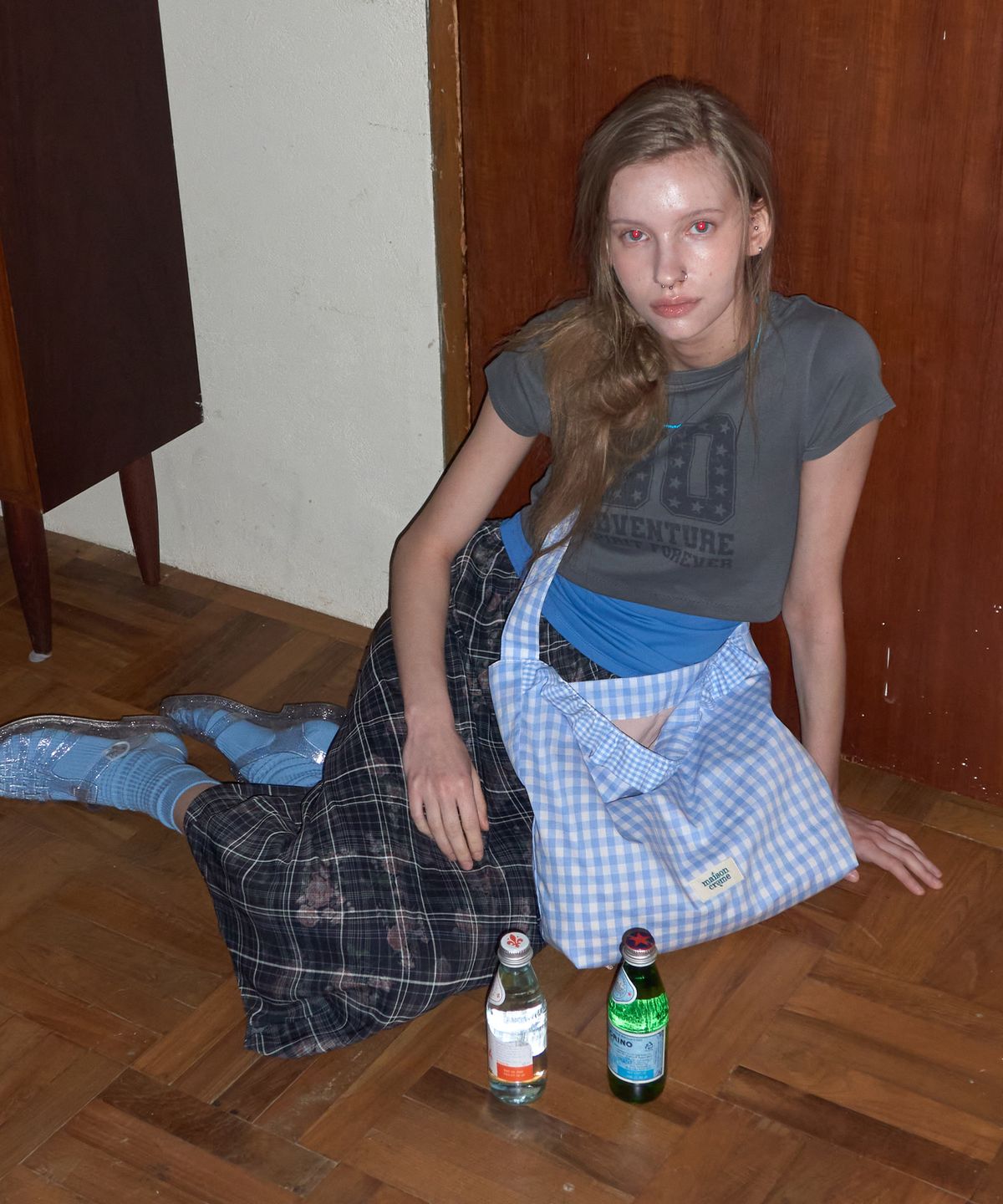 메종크렘(MAISON CREME) Check frill reversible bag _ Gingham babyblue