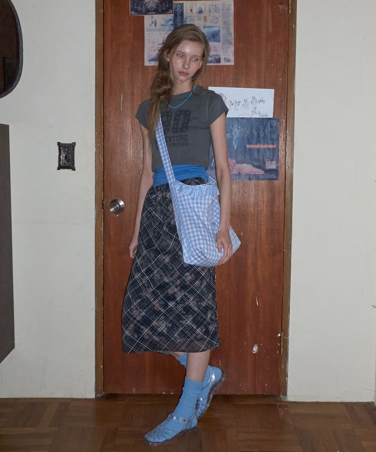 메종크렘(MAISON CREME) Check frill reversible bag _ Gingham babyblue