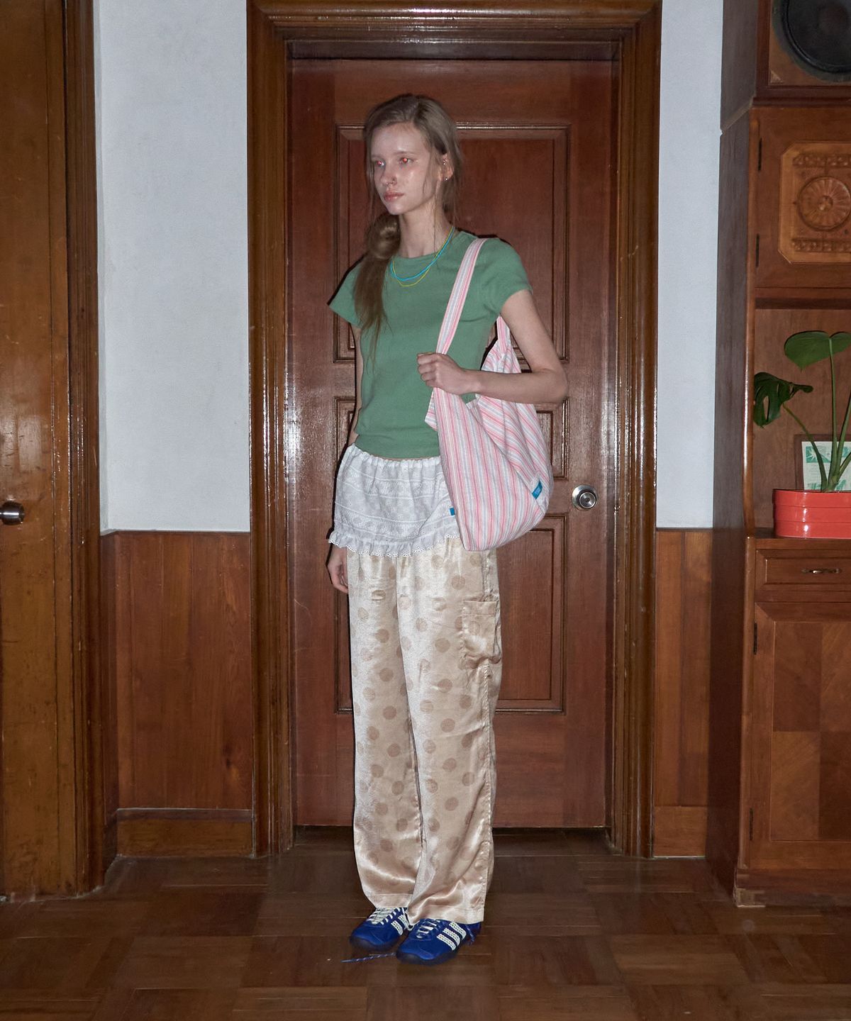 메종크렘(MAISON CREME) Creamy Eco bag _ Linen stripe Pink