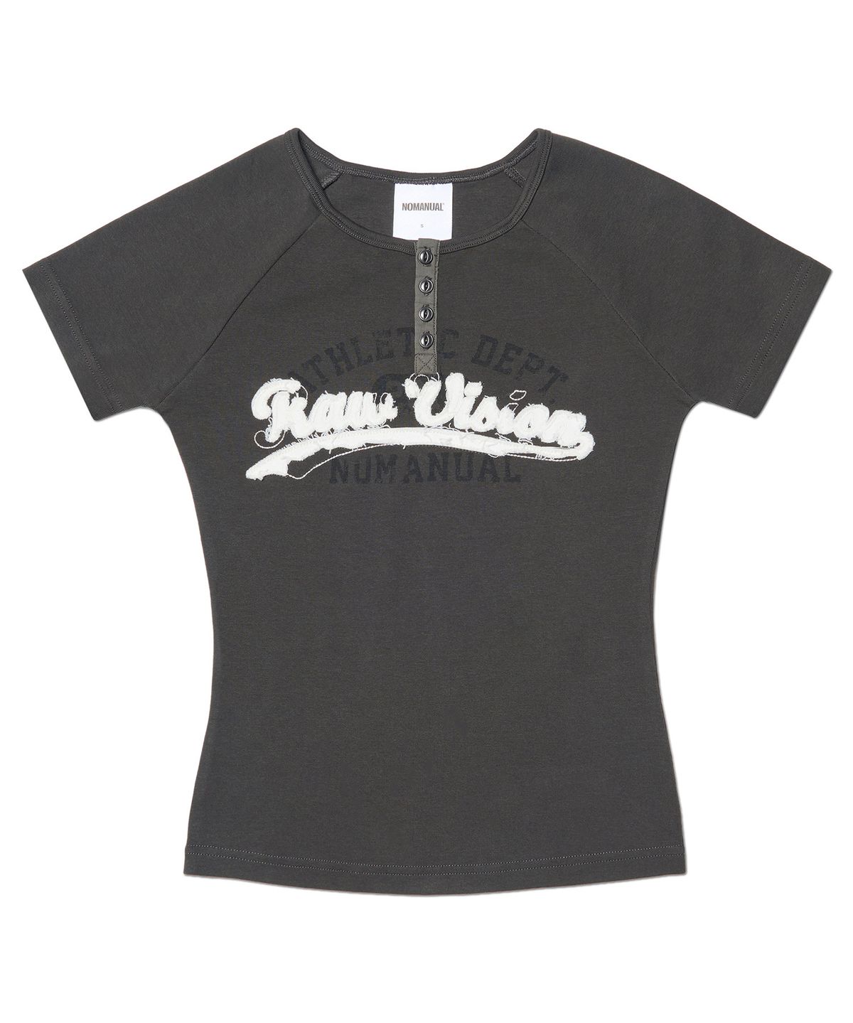 노매뉴얼(NOMANUAL) R.V APPLIQUE RAGLAN T-SHIRT (WOMAN) - CHARCOAL