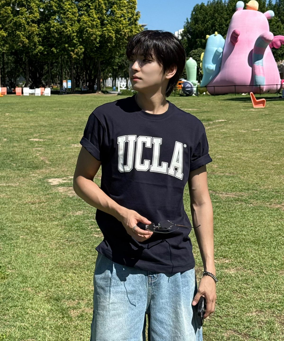 유씨엘에이(UCLA) 남녀공용 UCLA 더블 라인 아치 로고 티셔츠[NAVY](UC6STA1)