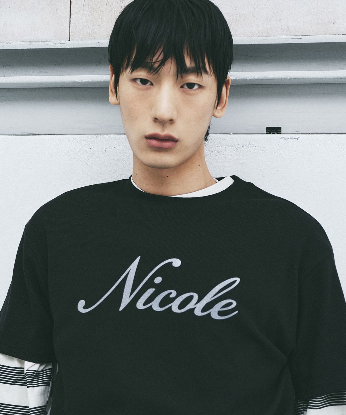 닉앤니콜(NICK&NICOLE) NICOLE LETTERING RIBBED SLIM T-SHIRT_BLACK