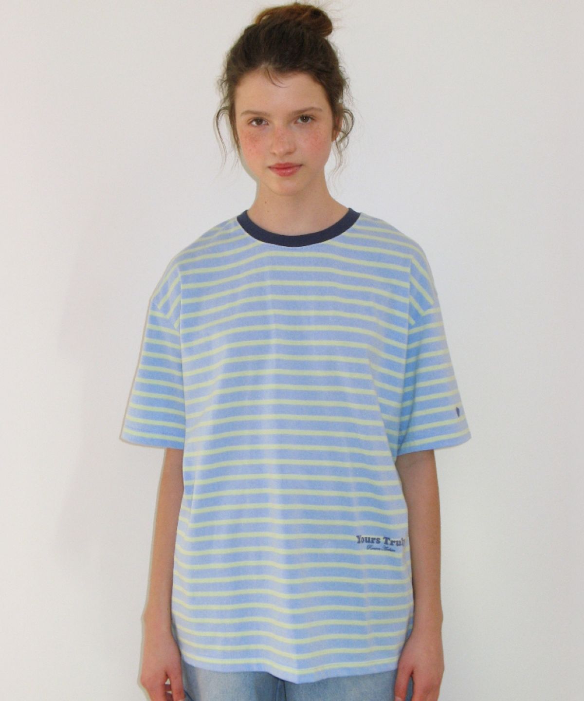 론론(RONRON) SOFT TWIN PONY STRIPE OVER FIT T SHIRT BLUE
