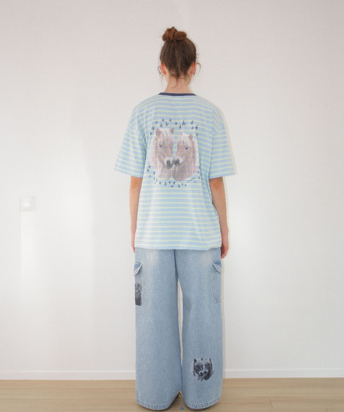 론론(RONRON) SOFT TWIN PONY STRIPE OVER FIT T SHIRT BLUE