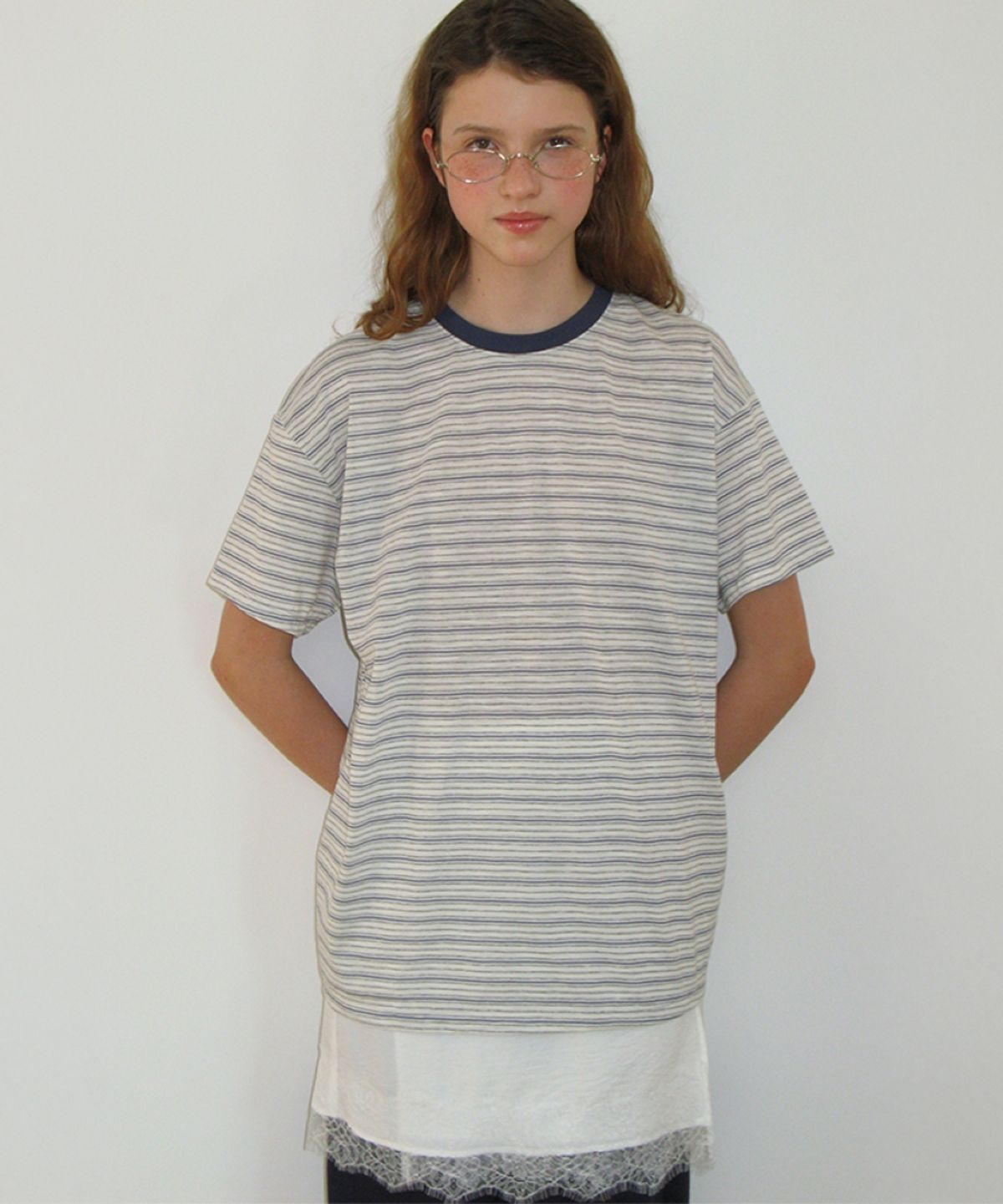 론론(RONRON) MULTI PATTERN HEART STRIPE SHORT SLEEVE BLUE