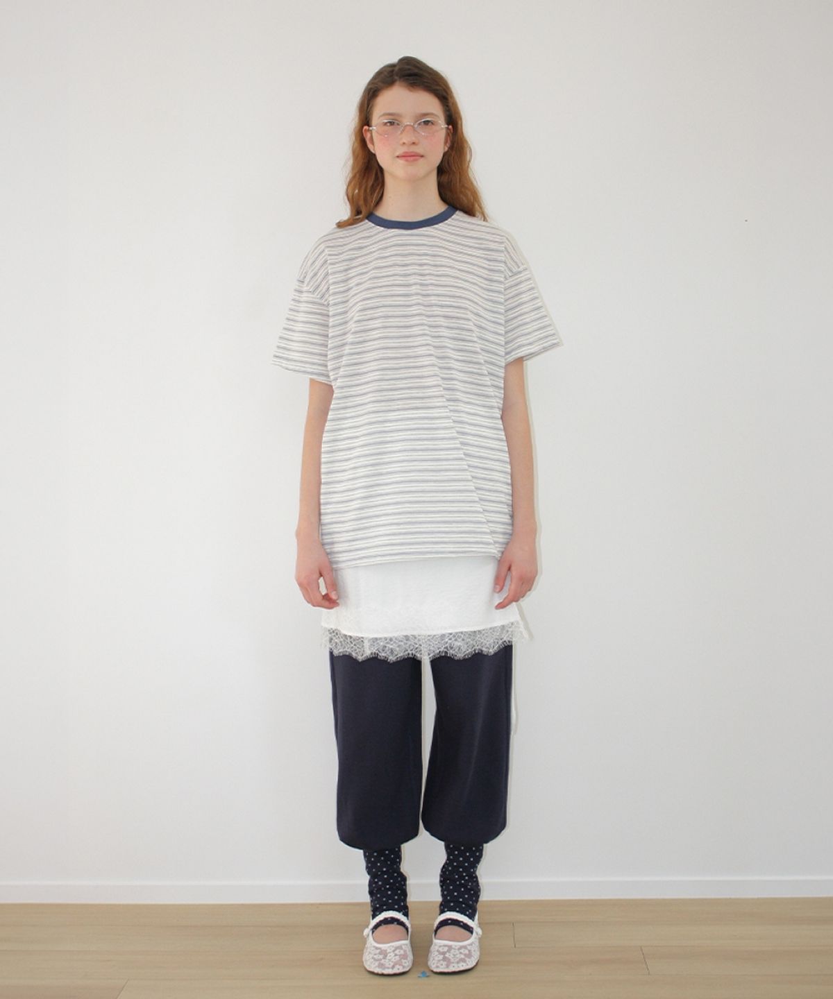 론론(RONRON) MULTI PATTERN HEART STRIPE SHORT SLEEVE BLUE