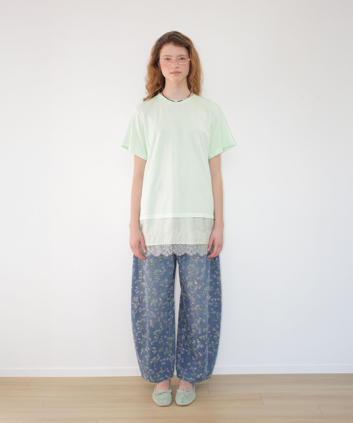 론론(RONRON) SATIN LACE LAYERED T SHIRT MINT