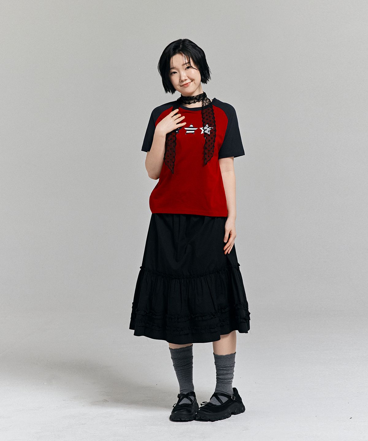 어썸스튜디오(AWESOME STUDIO) Y2K 스타 그래픽 배색 반팔티 와인