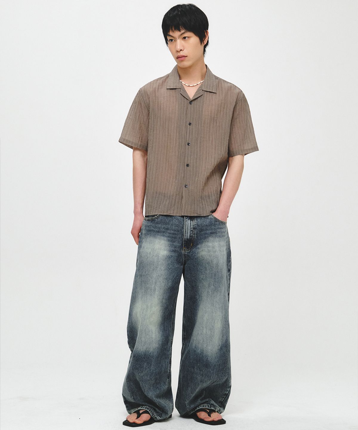 인템포무드(INTEMPOMOOD) 파인 라인 오픈 칼라 셔츠_카키