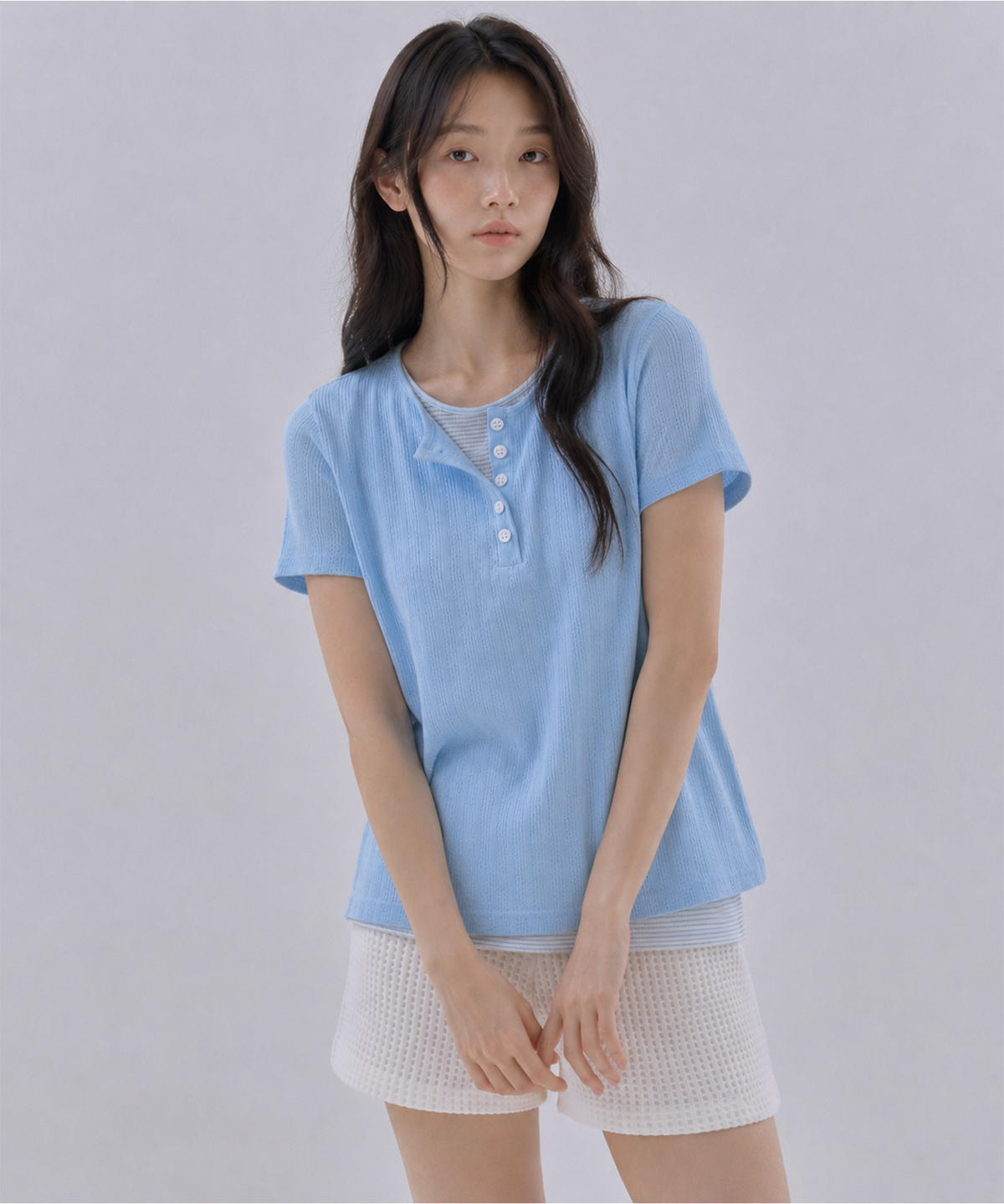 사유(SAYUU) 소프트 레이어드 헨리넥 반팔 티 라이트 블루