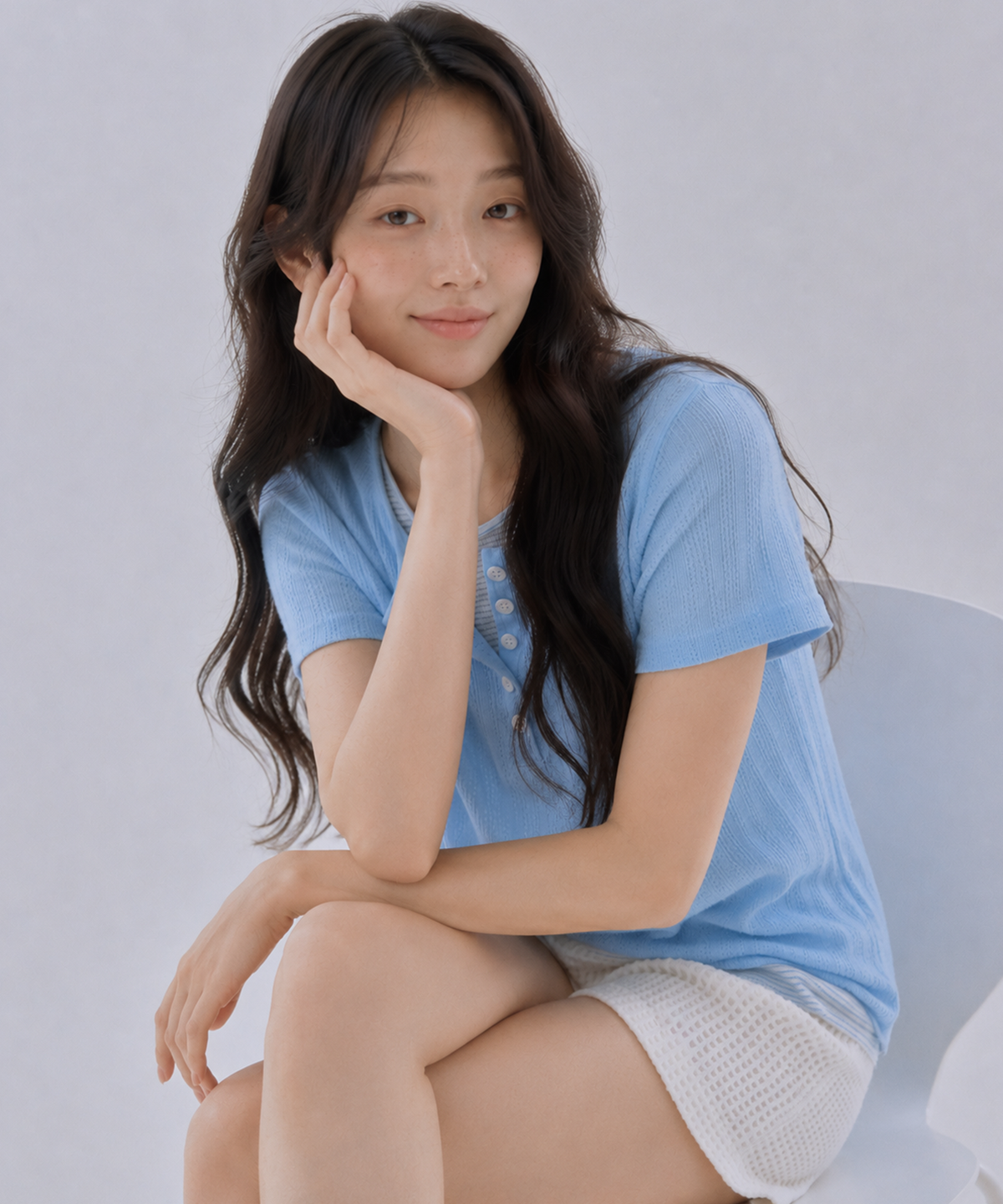 사유(SAYUU) 소프트 레이어드 헨리넥 반팔 티 라이트 블루