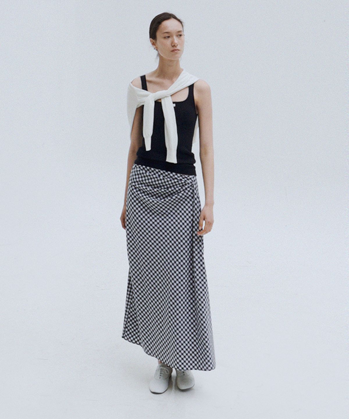 퀸스래빗(Q'SRB) Gingham Check Draped Slit Skirt_2colors