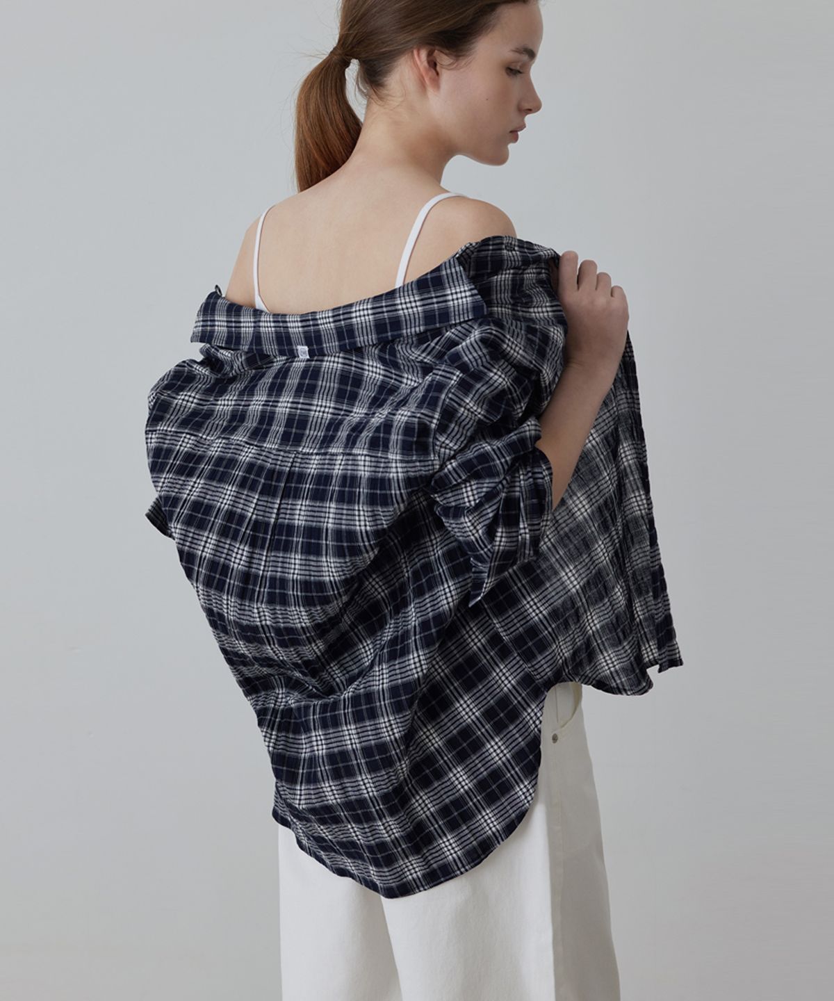 퀸스래빗(Q'SRB) Airy Crinkle Cotton Check Shirt_Navy_2colors