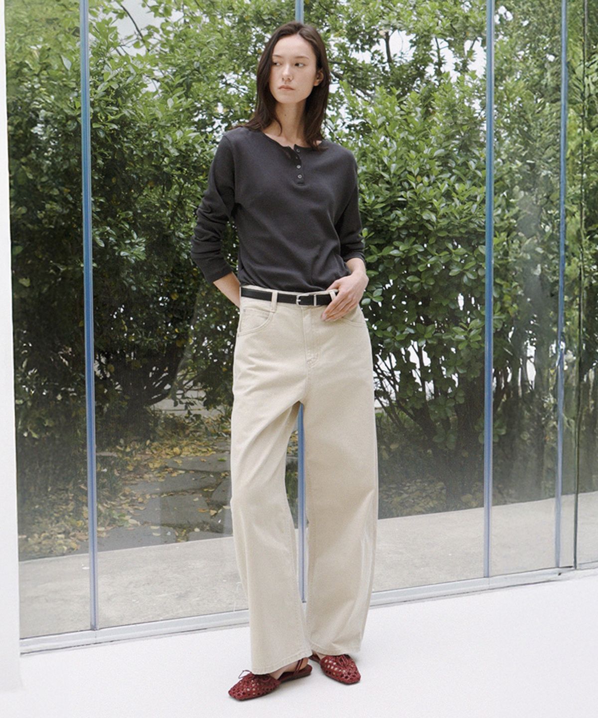 퀸스래빗(Q'SRB) Sheer Ribbed Long Sleeve Henley Top_3colors