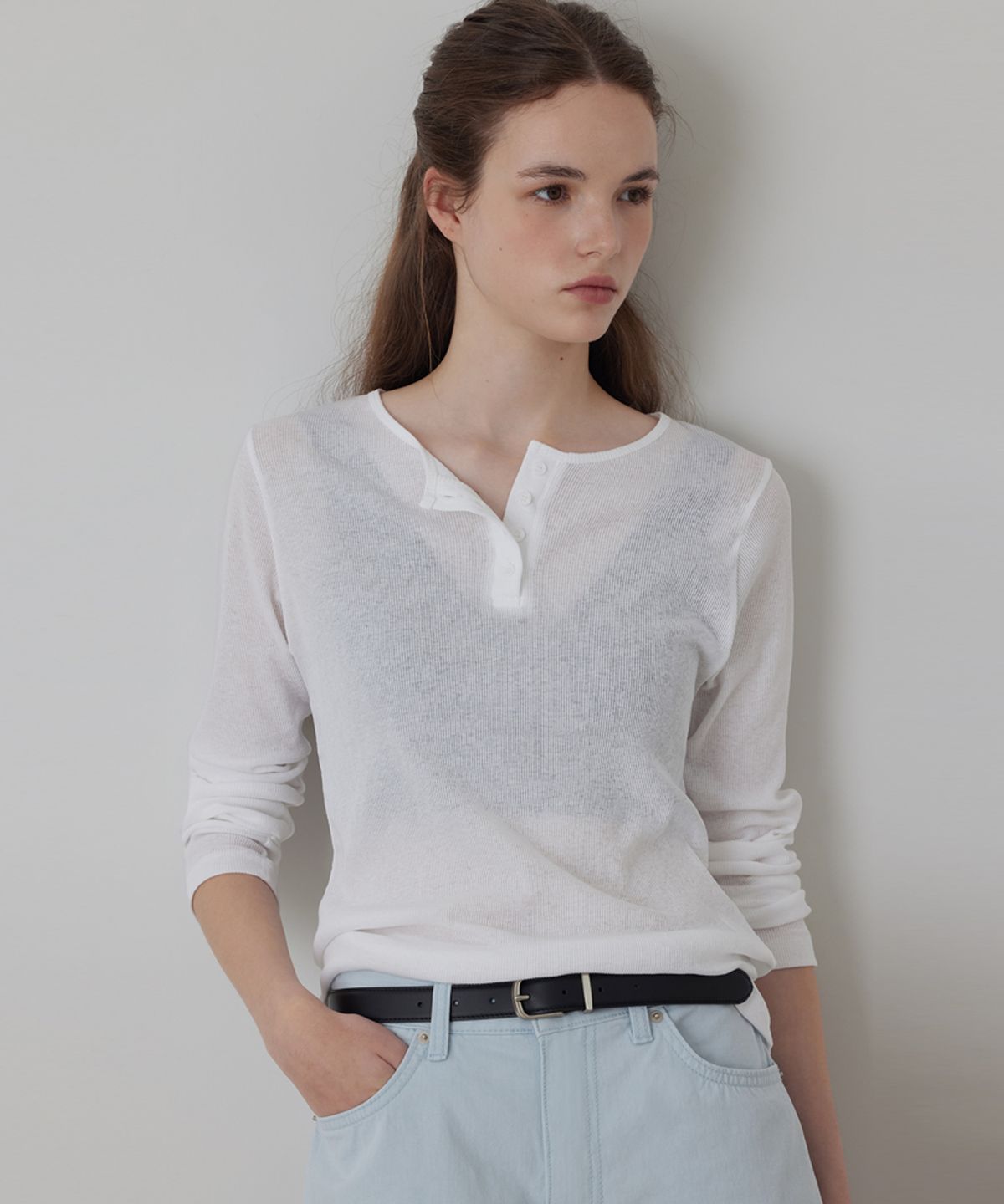 퀸스래빗(Q'SRB) Sheer Ribbed Long Sleeve Henley Top_3colors