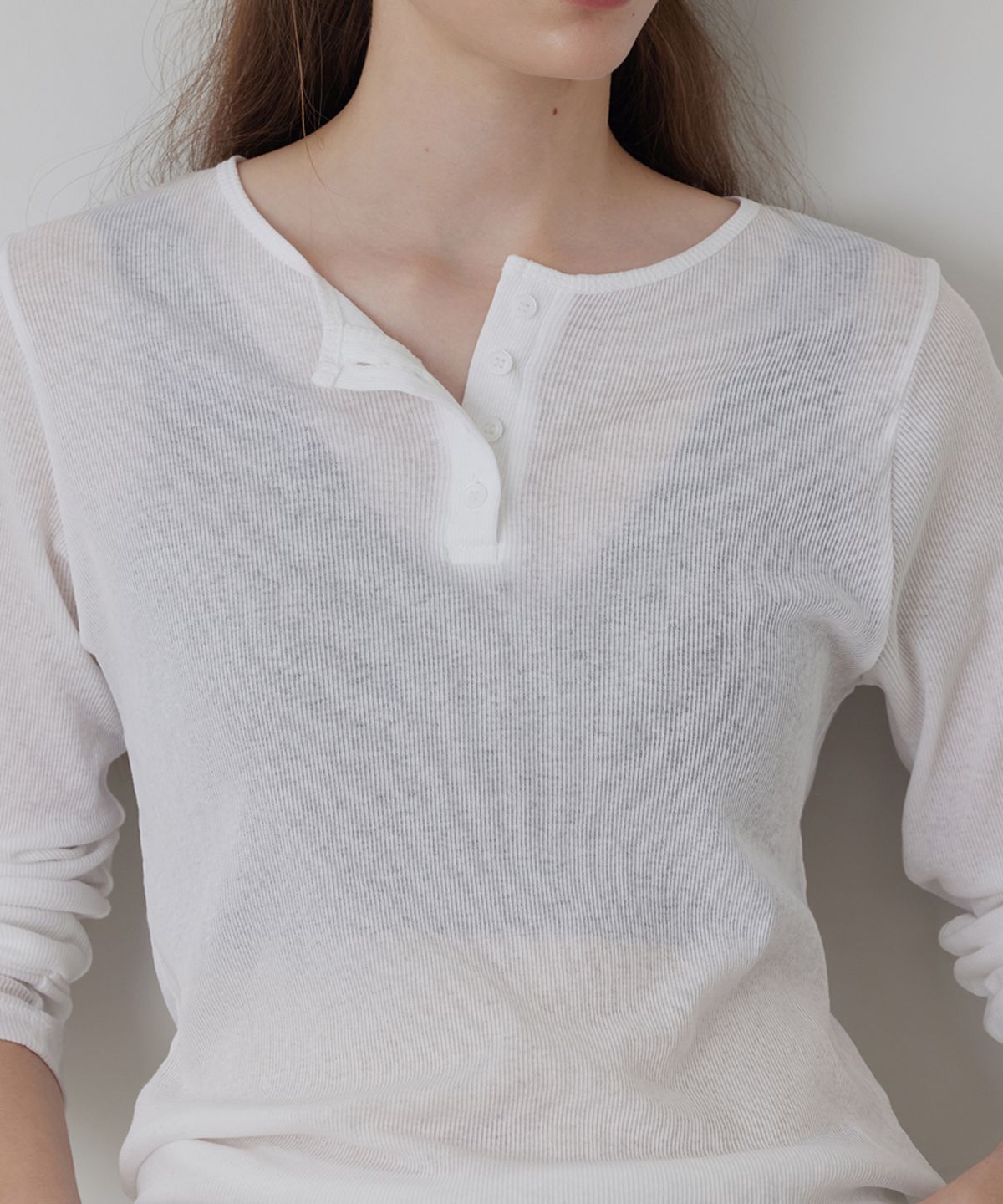 퀸스래빗(Q'SRB) Sheer Ribbed Long Sleeve Henley Top_3colors