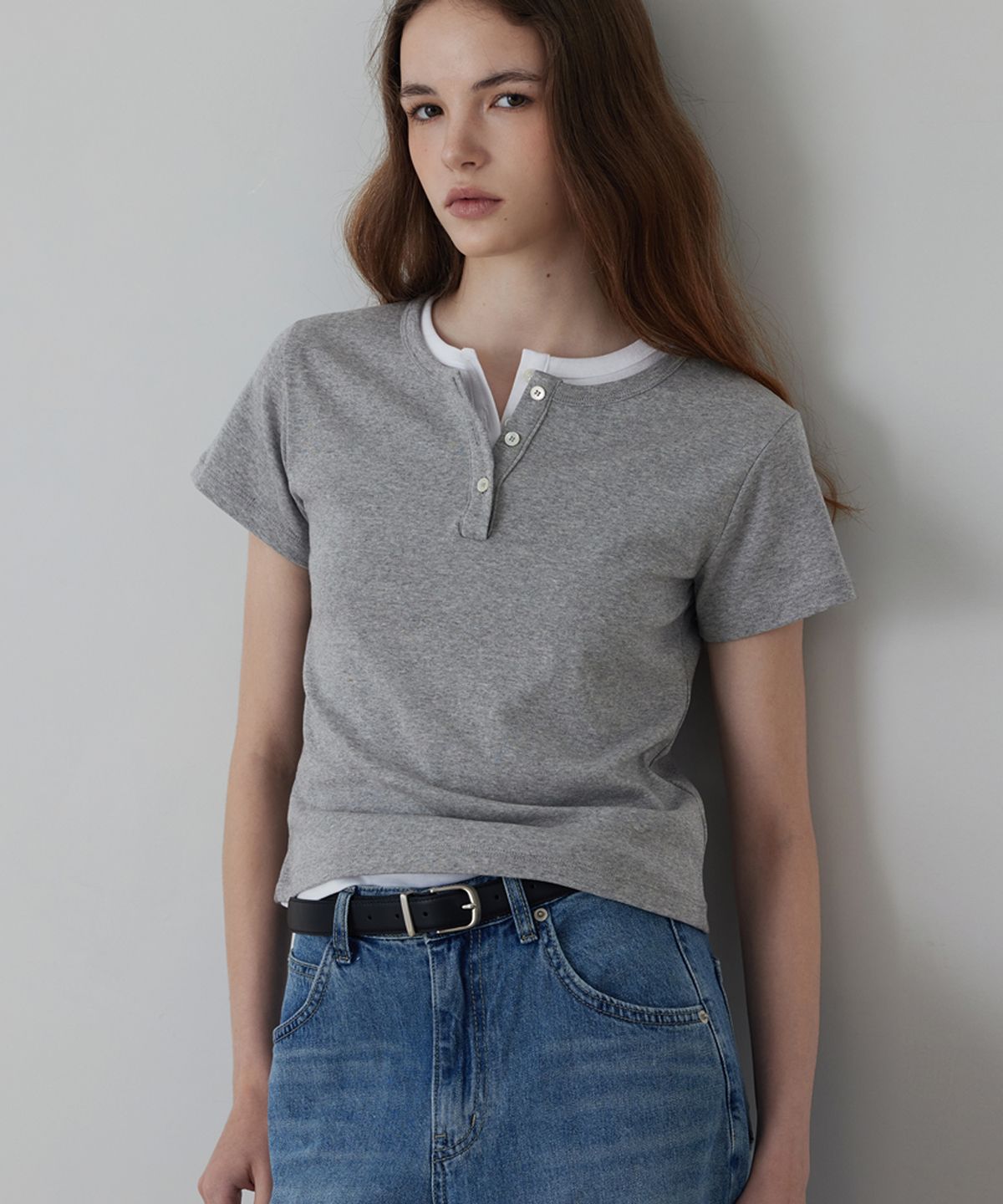 퀸스래빗(Q'SRB) Slim Ribbed Short Sleeve Henley T-Shirt_4colors