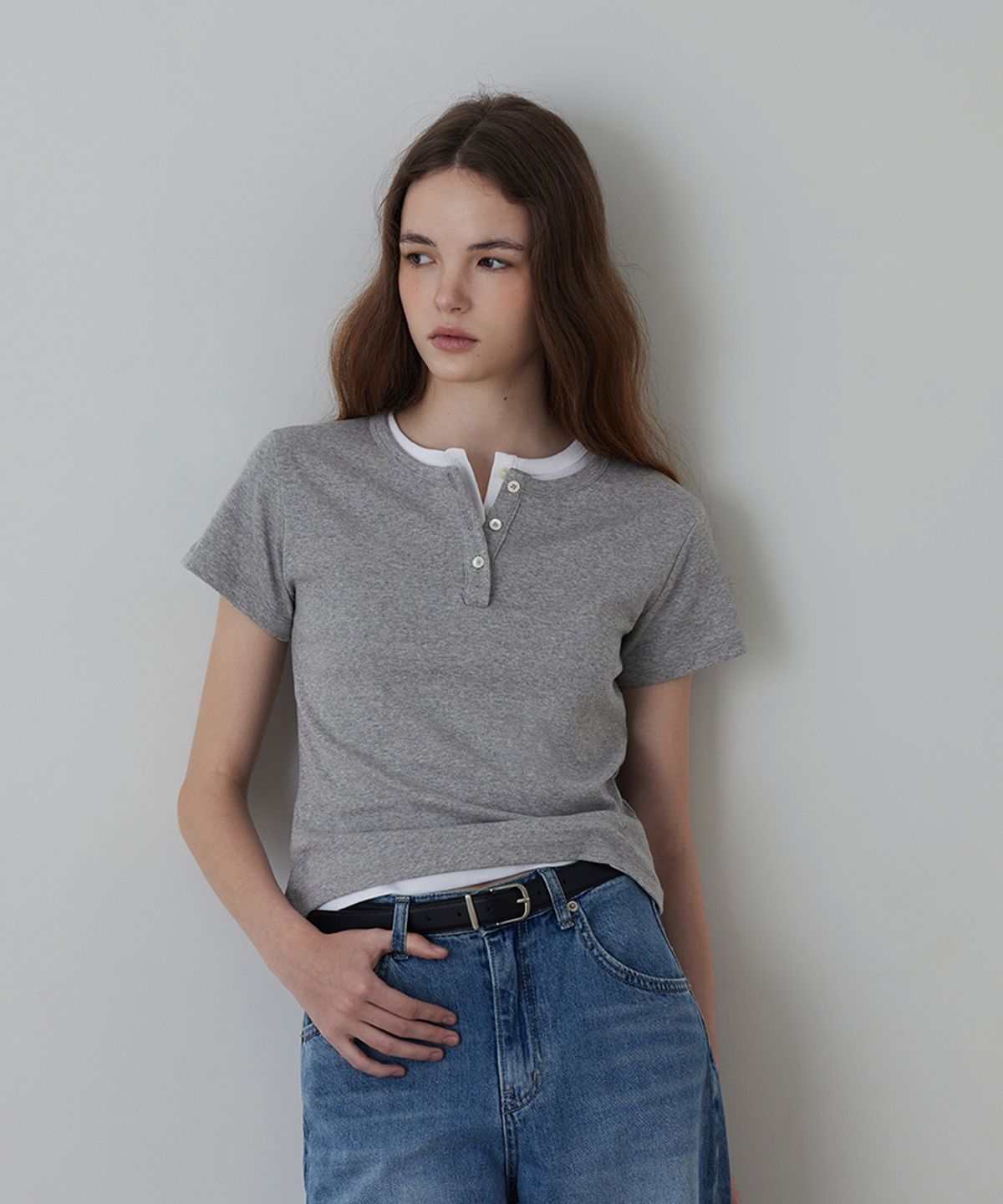 퀸스래빗(Q'SRB) Slim Ribbed Short Sleeve Henley T-Shirt_4colors