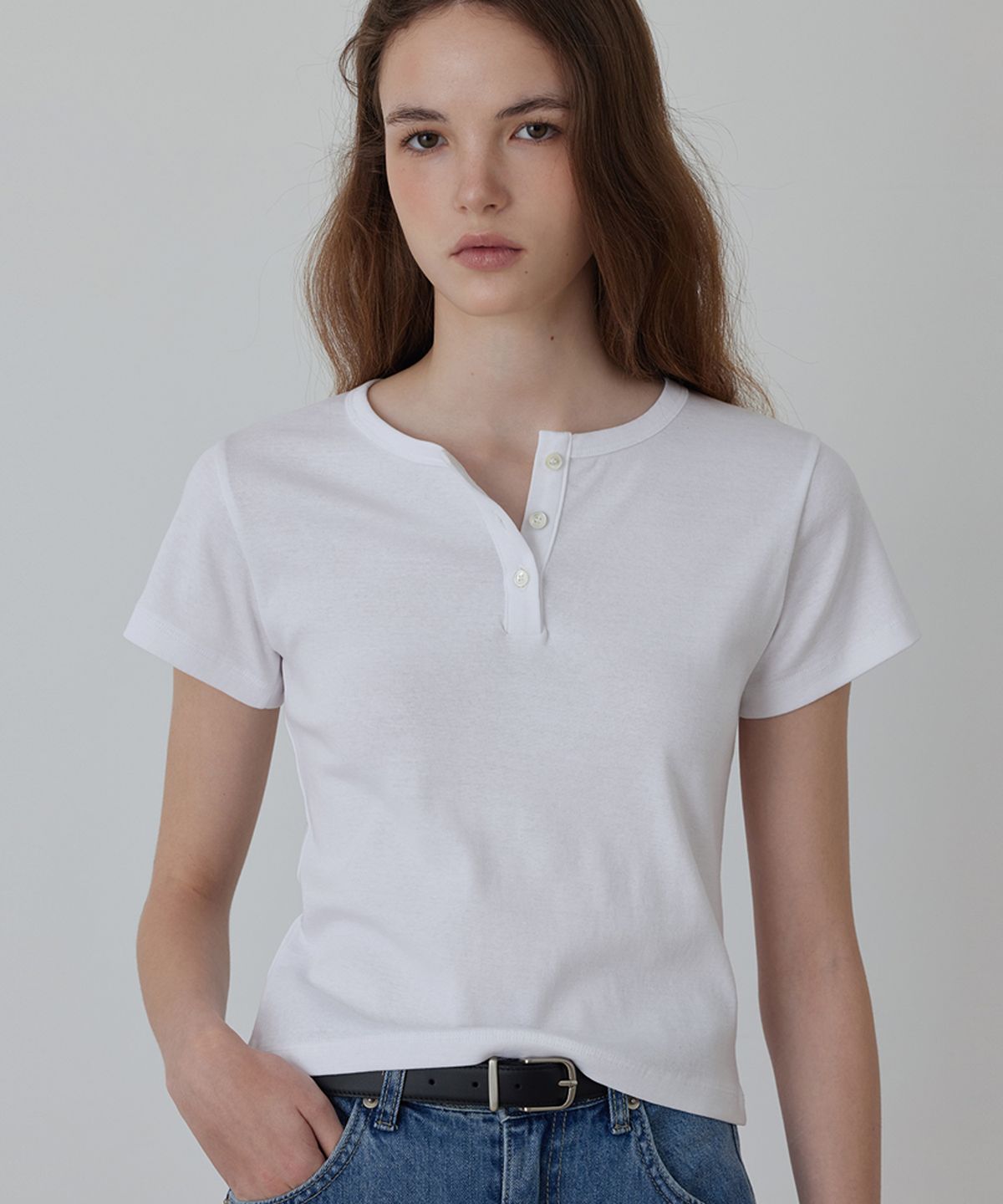 퀸스래빗(Q'SRB) Slim Ribbed Short Sleeve Henley T-Shirt_4colors