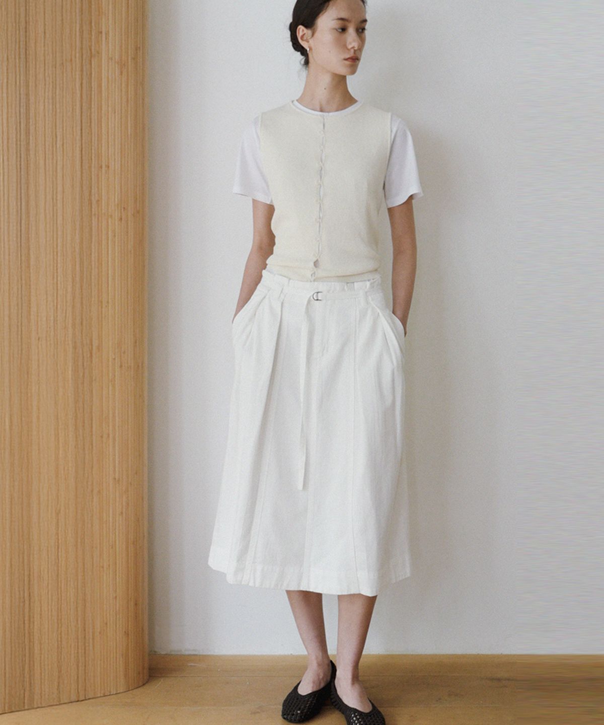 퀸스래빗(Q'SRB) Volume Silhouette Belted Cotton Gathered Skirt_White_2colors