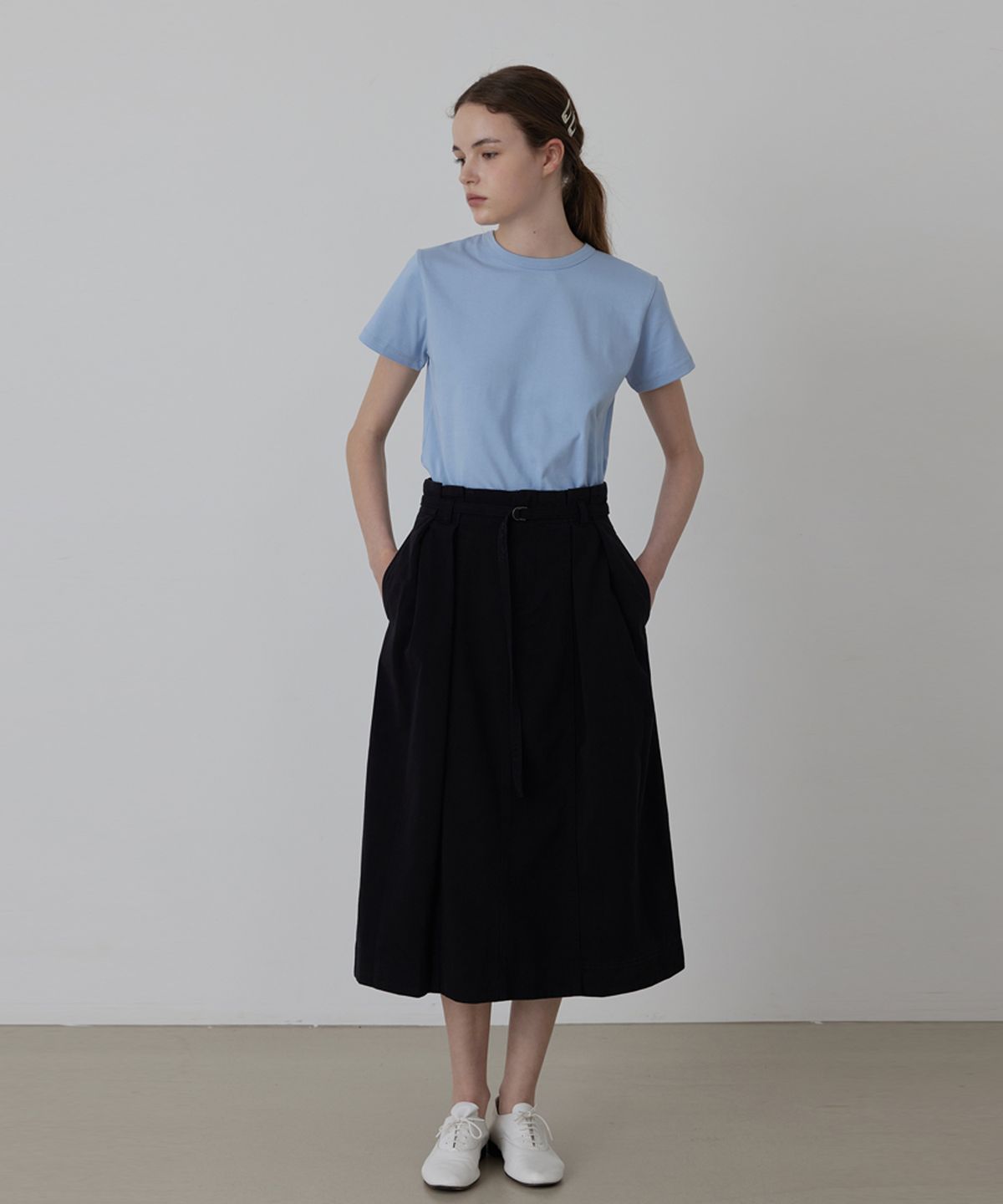 퀸스래빗(Q'SRB) Volume Silhouette Belted Cotton Gathered Skirt_White_2colors