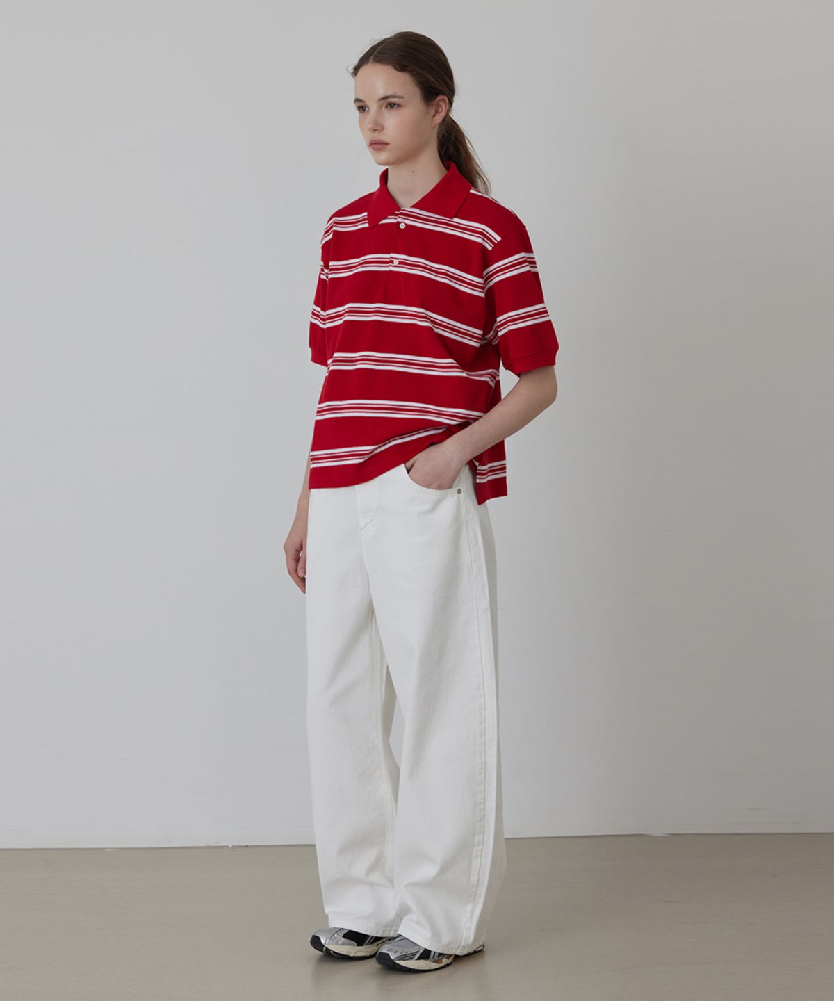 퀸스래빗(Q'SRB) Stripe Collar Half Sleeve PK T-shirt_Red_2colors
