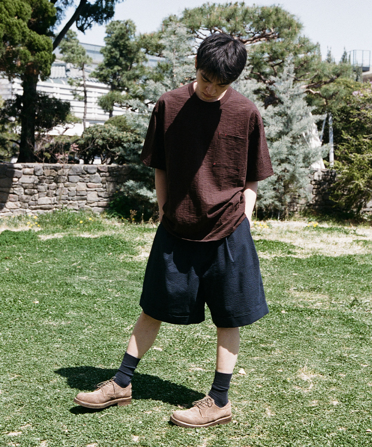 홀리선(HORLISUN) Dimple Seersucker Wide Half Pants Navy