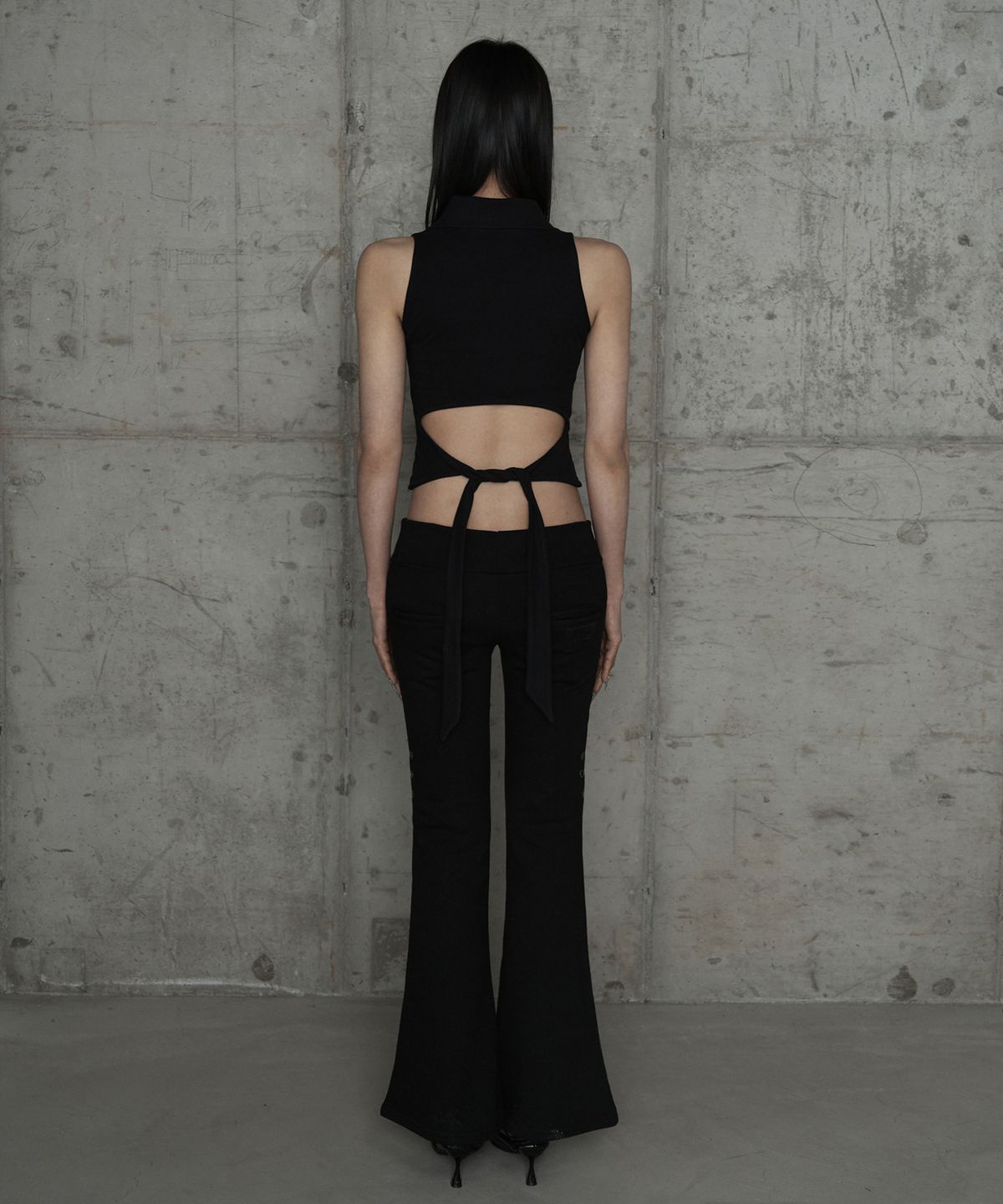 에트오소메(ETRE AU SOMMET) Lace Zipper Layer Bootcut Pants (Black)